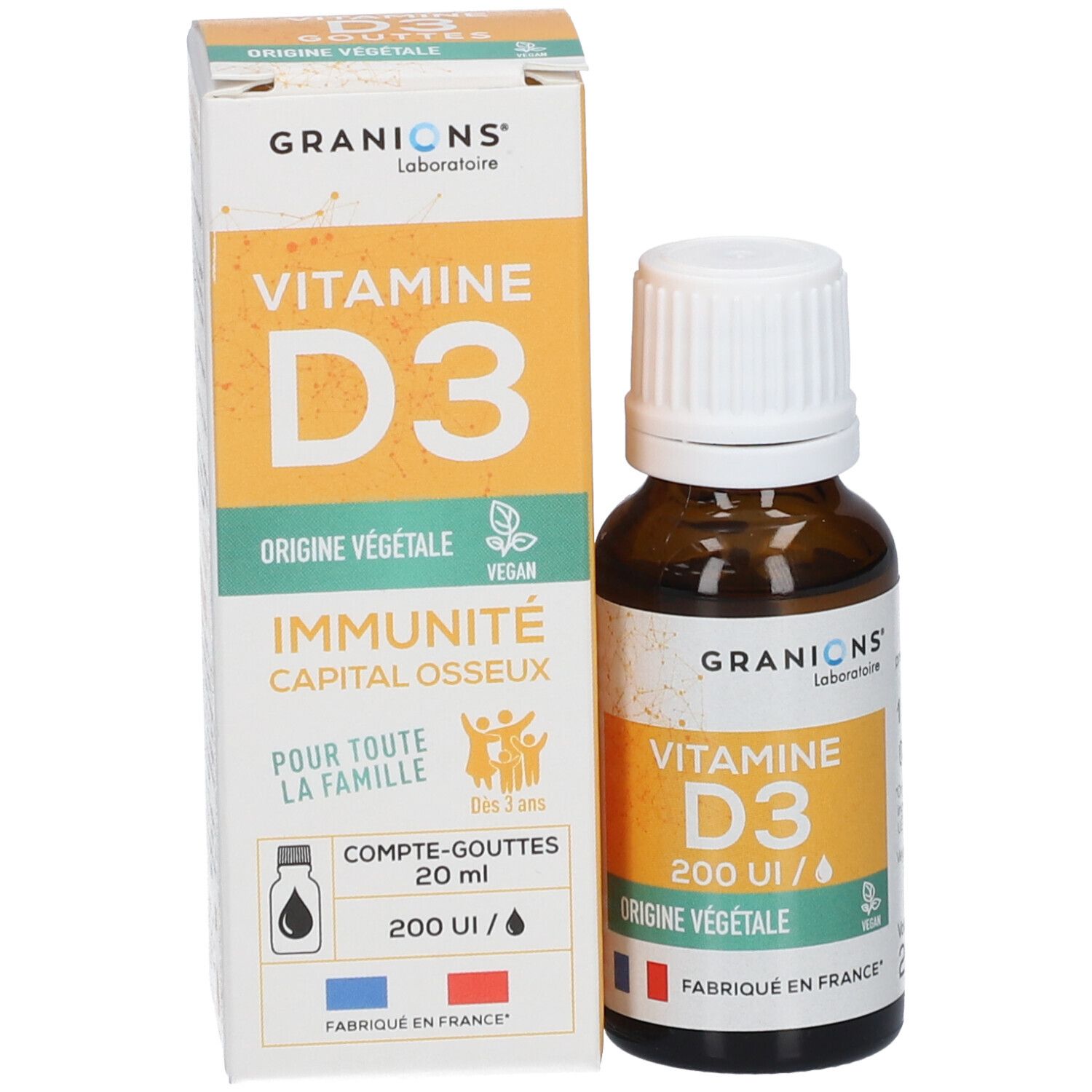 Produktverpackung und Flasche. Karton mit GRANIONS, VITAMINE D3, ORIGINE VÉGÉTALE. Flasche mit 200 UI. Vegan-Siegel.