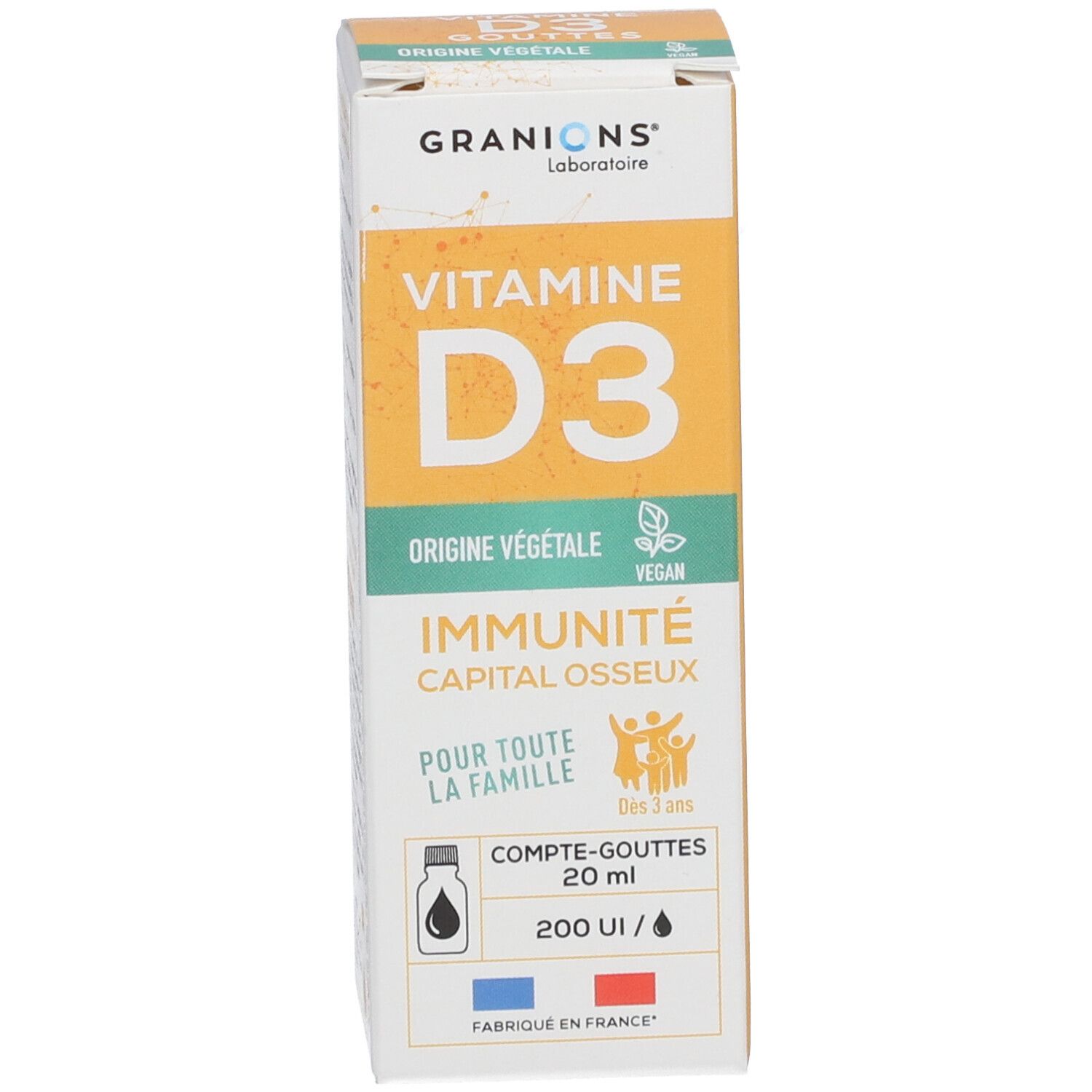 Produktverpackung. Karton mit GRANIONS, VITAMINE D3, ORIGINE VÉGÉTALE. Enthält 20 ml. Vegan-Siegel.