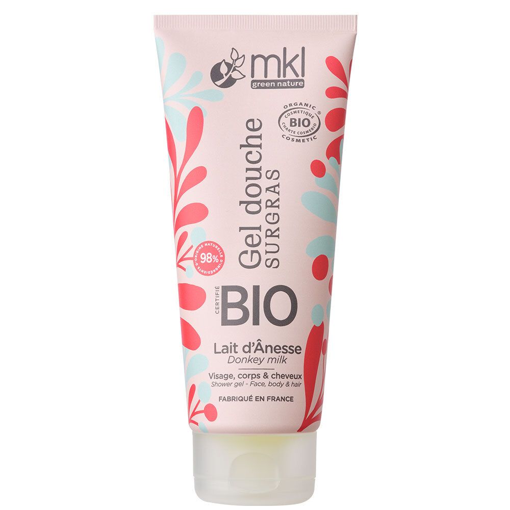 Tube rose avec motifs floraux. Inscription : Gel Douche Surgras BIO Lait d'Ânesse. Label bio certifié. Bouchon vert.