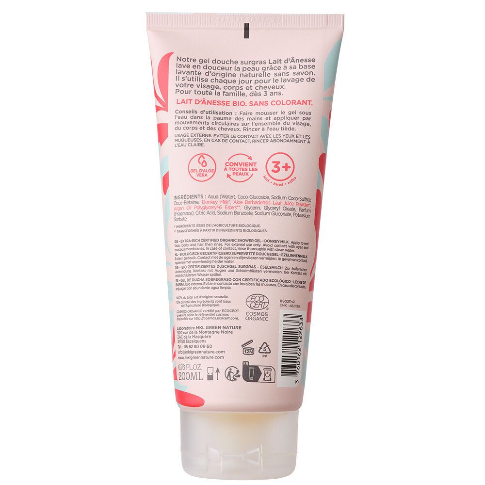 Dos du tube. Texte : ingrédients, mode d'emploi. Certification bio. Éléments floraux roses et bleus. Bouchon transparent.