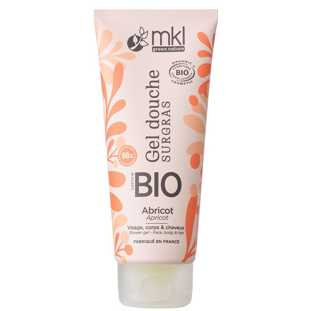 Roze tube met opschriften. "Gel Douche Surgras BIO" en "Abricot" zijn leesbaar. Bio-certificering.