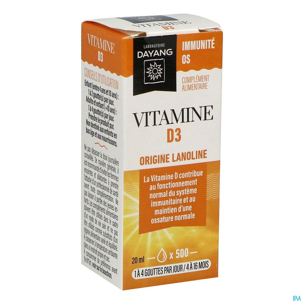 Boîte de Dayang Vitamine D3 gouttes. Emballage orange avec informations produit et logo.