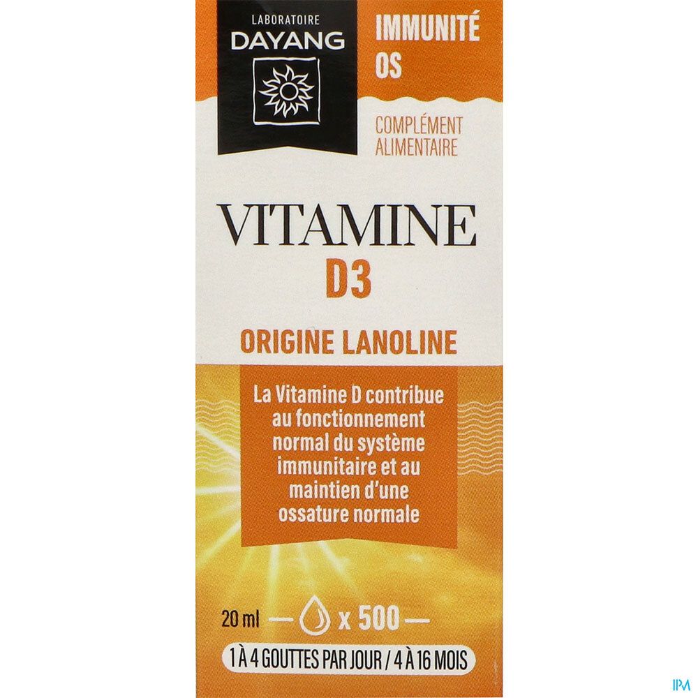 Gros plan sur l'emballage des gouttes Dayang Vitamine D3. Orange avec nom du produit et logo.