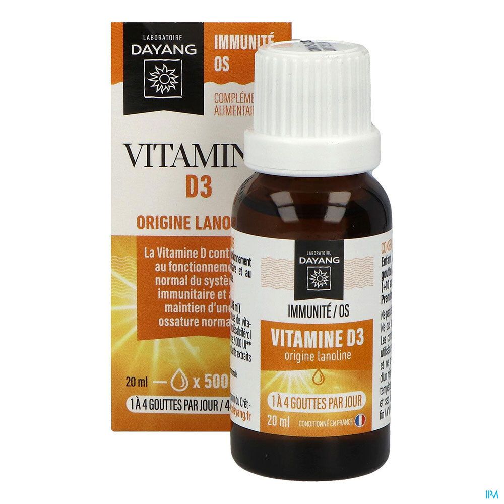 Flacon de gouttes Dayang Vitamine D3 et emballage. Flacon brun, bouchon blanc, à côté de la boîte.