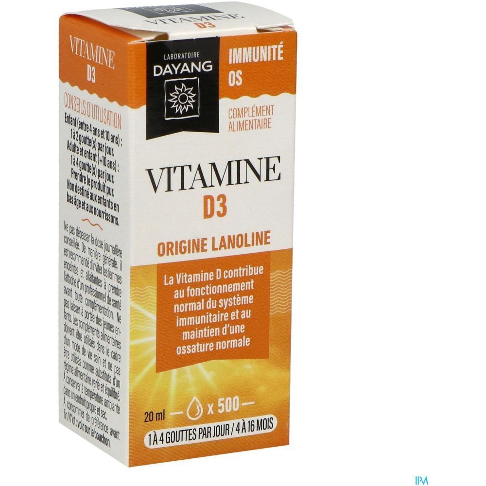 Boîte de Dayang Vitamine D3 gouttes. Emballage orange avec informations produit et logo.
