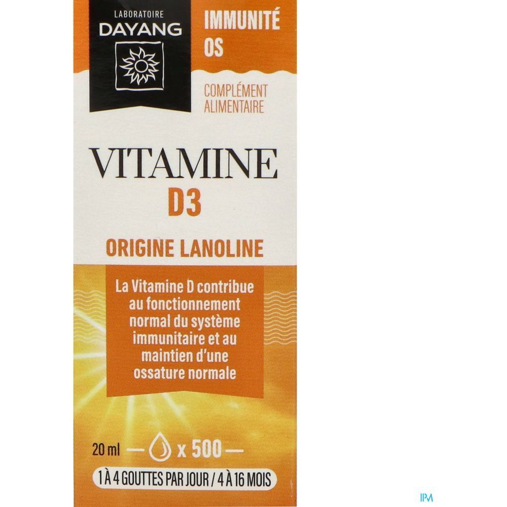 Gros plan sur l'emballage des gouttes Dayang Vitamine D3. Orange avec nom du produit et logo.