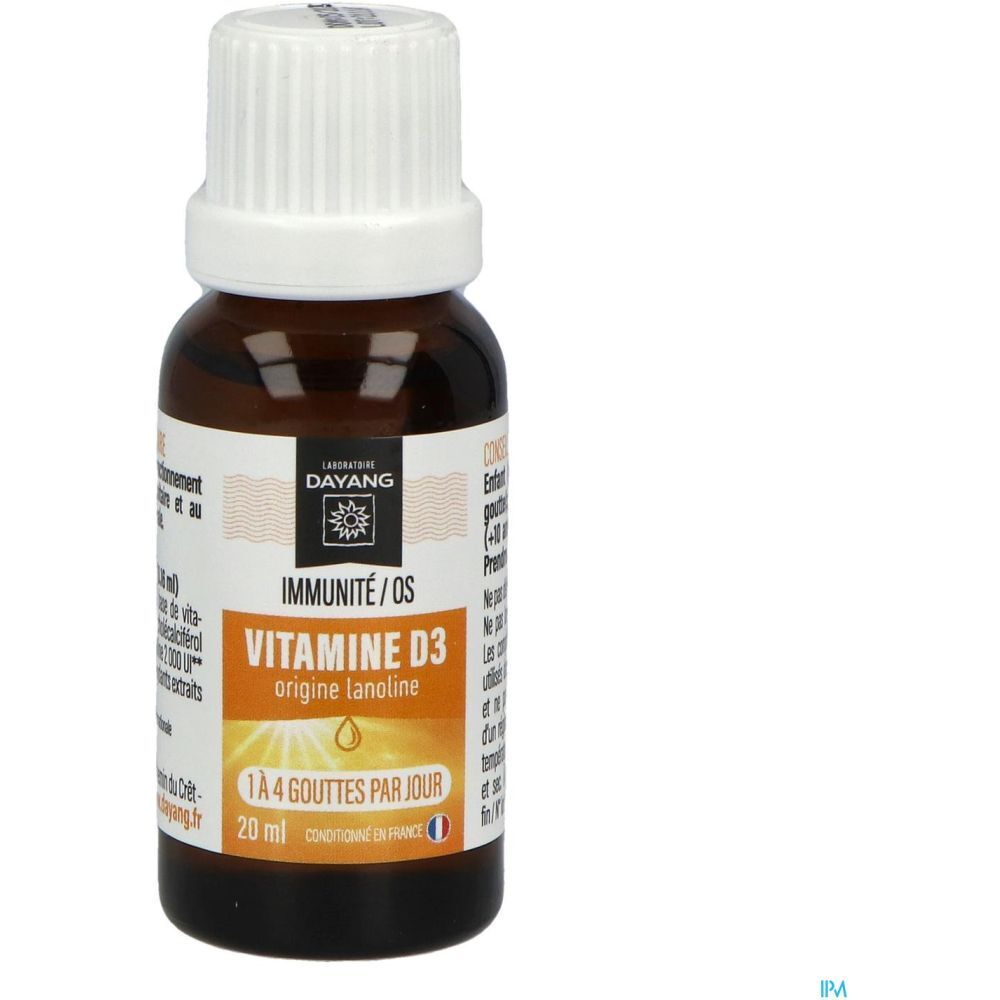 Flacon de gouttes Dayang Vitamine D3. Flacon brun, bouchon blanc, informations produit.