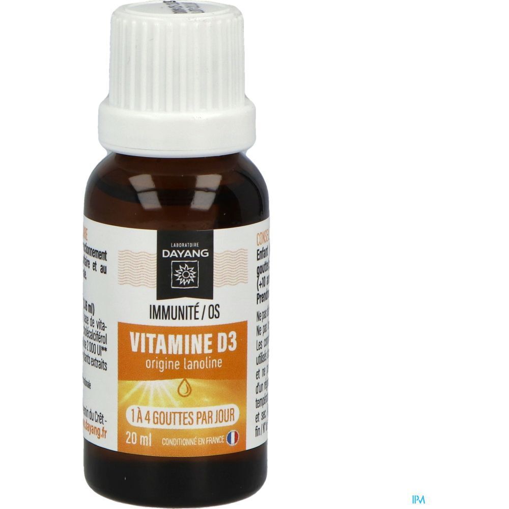 Flacon de gouttes Dayang Vitamine D3. Flacon brun, bouchon blanc, informations produit.