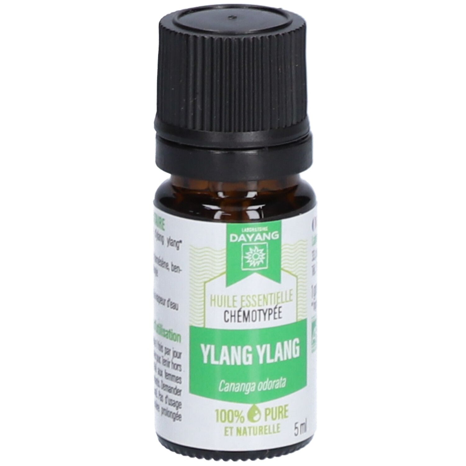 Flacon en verre brun avec bouchon noir. Étiquette avec texte: Ylang Ylang, DAYANG, 100% pur et naturel. Label bio.
