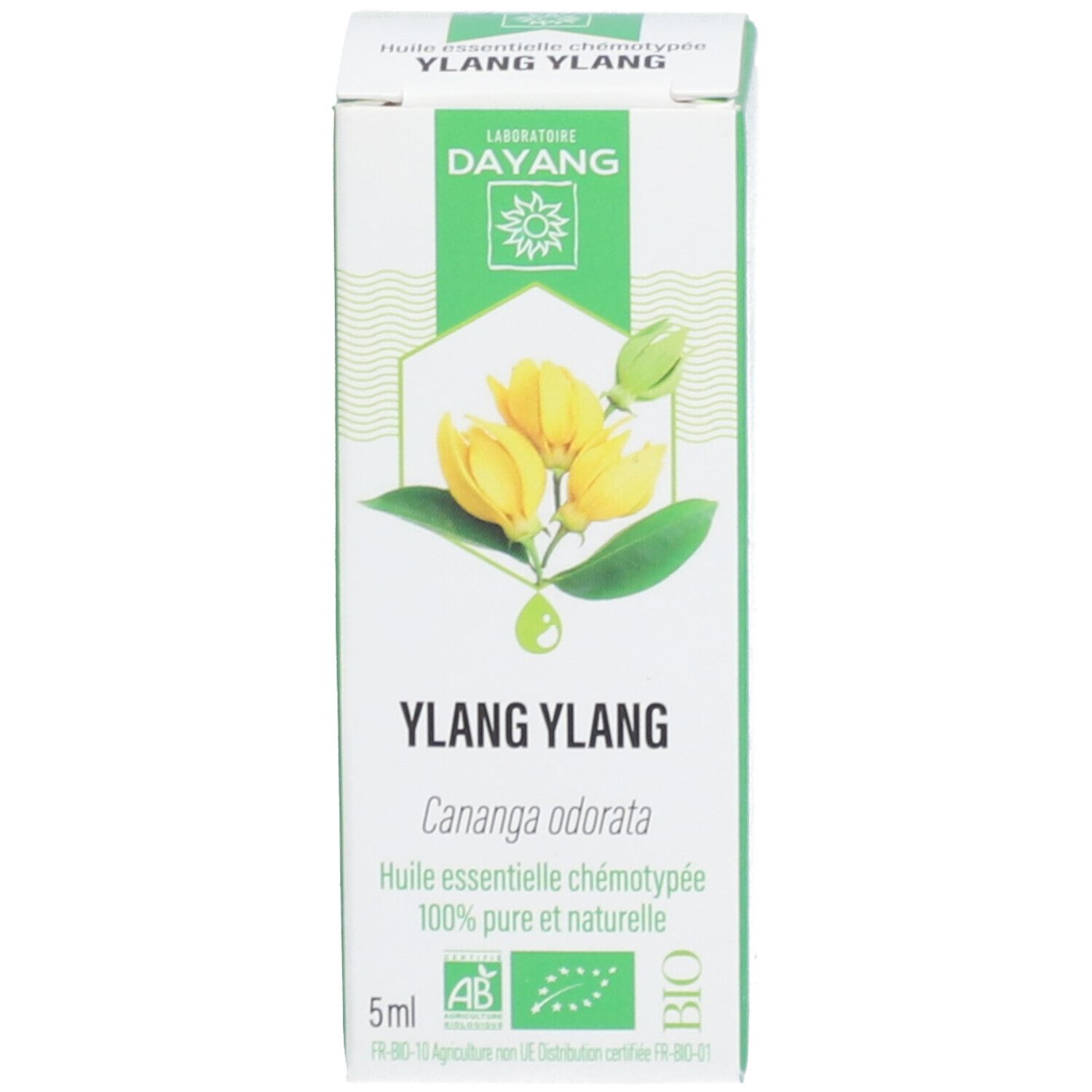 Emballage de DAYANG Ylang Ylang. Boîte blanche avec motif floral, texte et logo. Label bio.