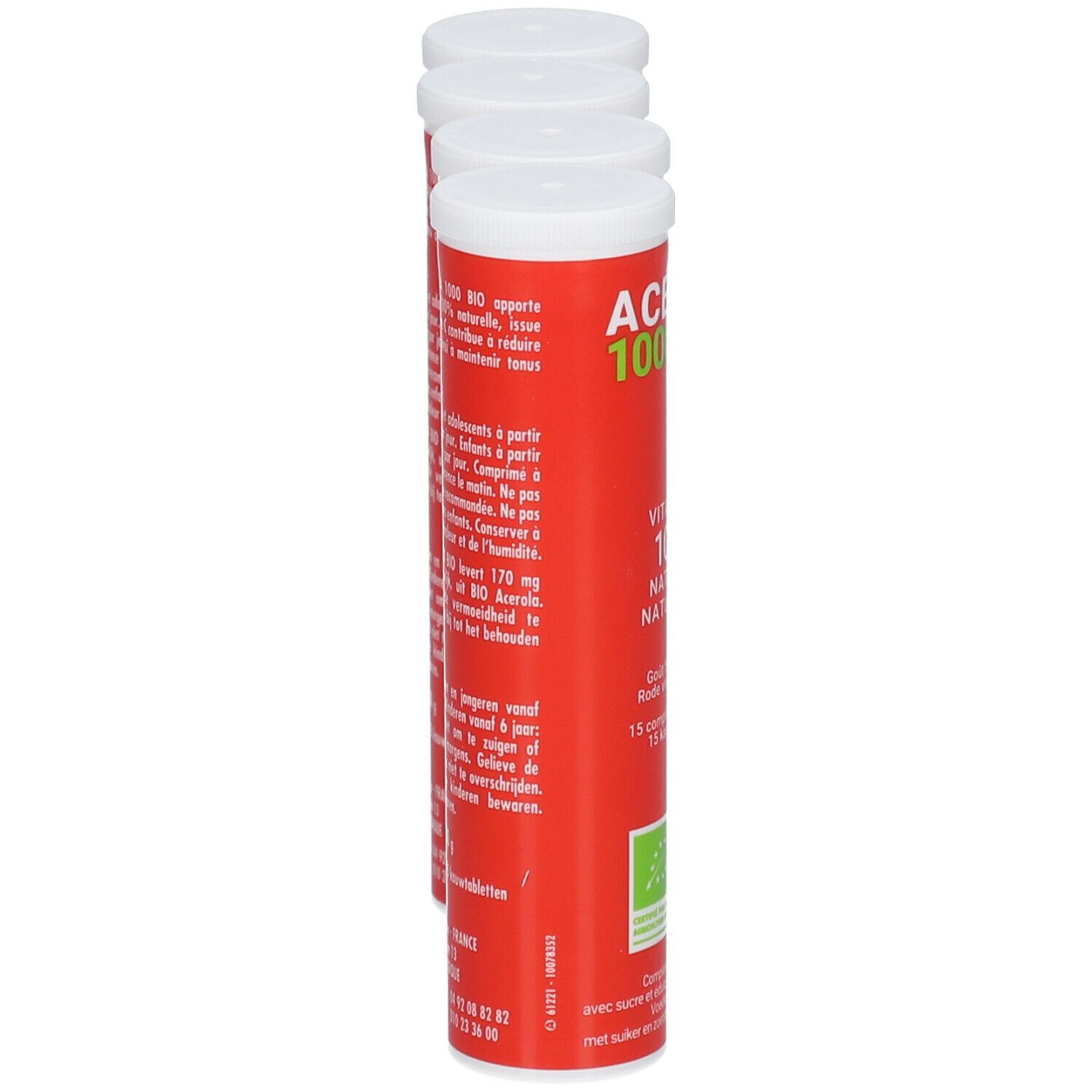 Drei rote Röhrchen mit weißem Deckel. Aufschrift: Acerola 1000 Bio, Vitamin C 100% natürlich. AB-Siegel.