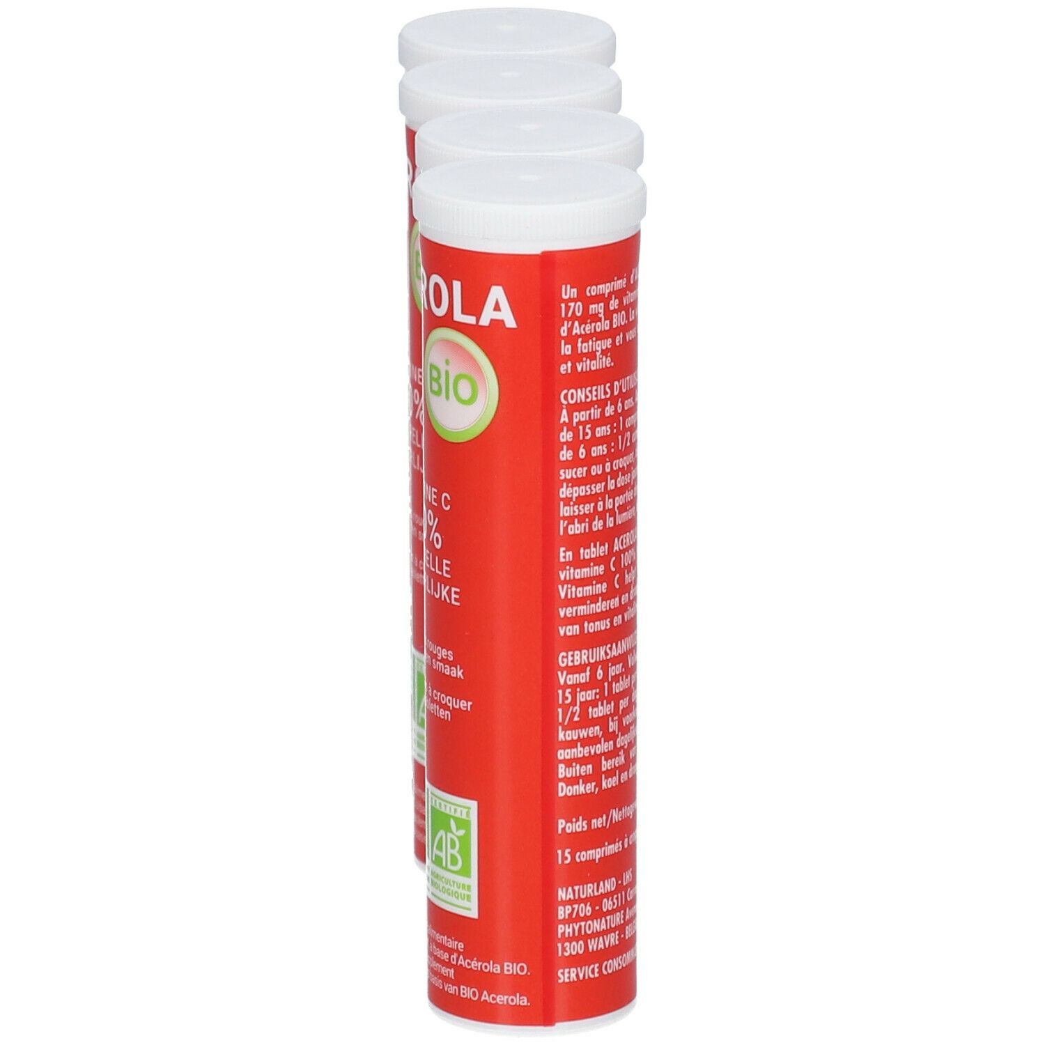 Drei rote Röhrchen mit weißem Deckel. Aufschrift: Acerola 1000 Bio, Vitamin C 100% natürlich. AB-Siegel.