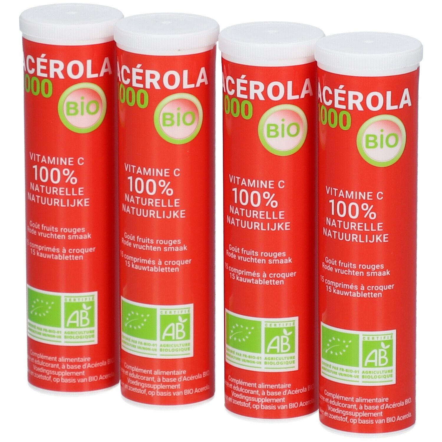 Vier rote Röhrchen mit weißem Deckel. Aufschrift: Acerola 1000 Bio, Vitamin C 100% natürlich. AB-Siegel.