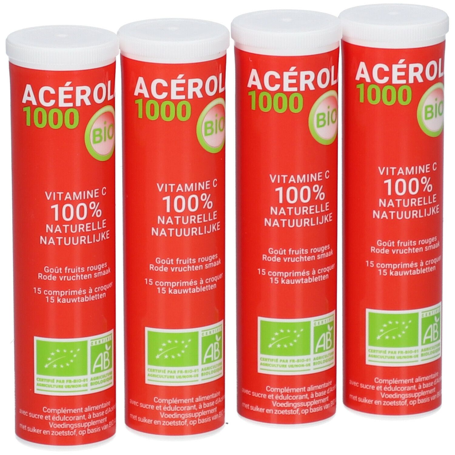 Vier rote Röhrchen mit weißem Deckel. Aufschrift: Acerola 1000 Bio, Vitamin C 100% natürlich. AB-Siegel.