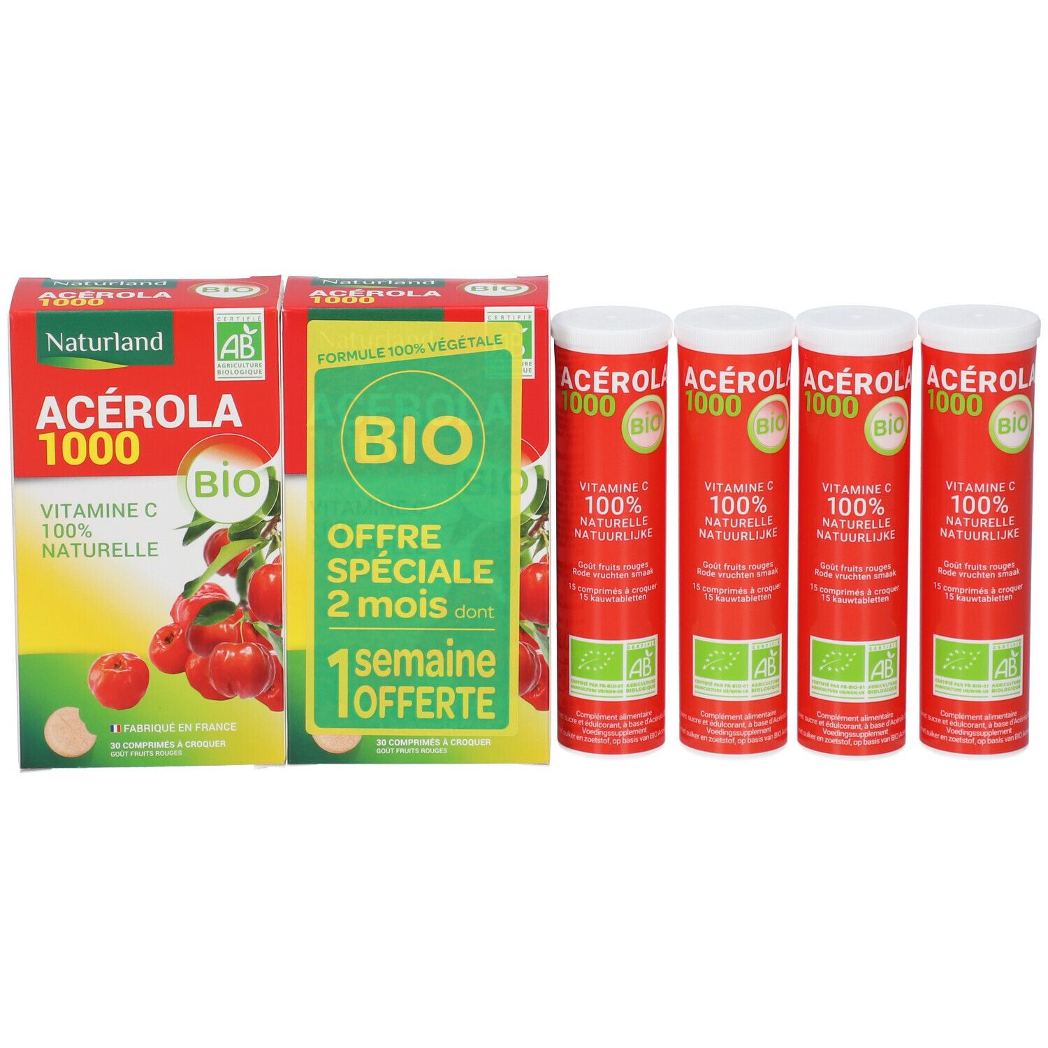 Verpackung mit Tabletten und Röhrchen. Aufschrift: Acerola 1000 Bio, Vitamin C 100% natürlich. AB-Siegel.