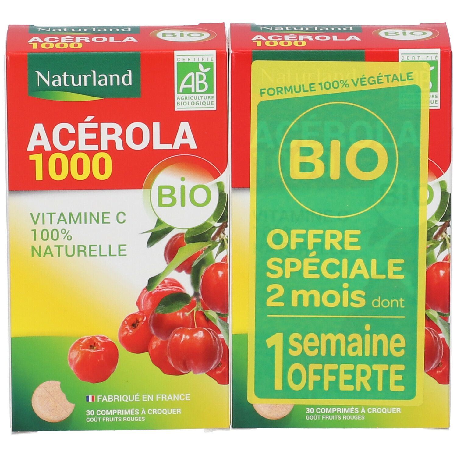 Zwei Packungen mit Tabletten. Aufschrift: Acerola 1000 Bio, Vitamin C 100% natürlich. AB-Siegel.