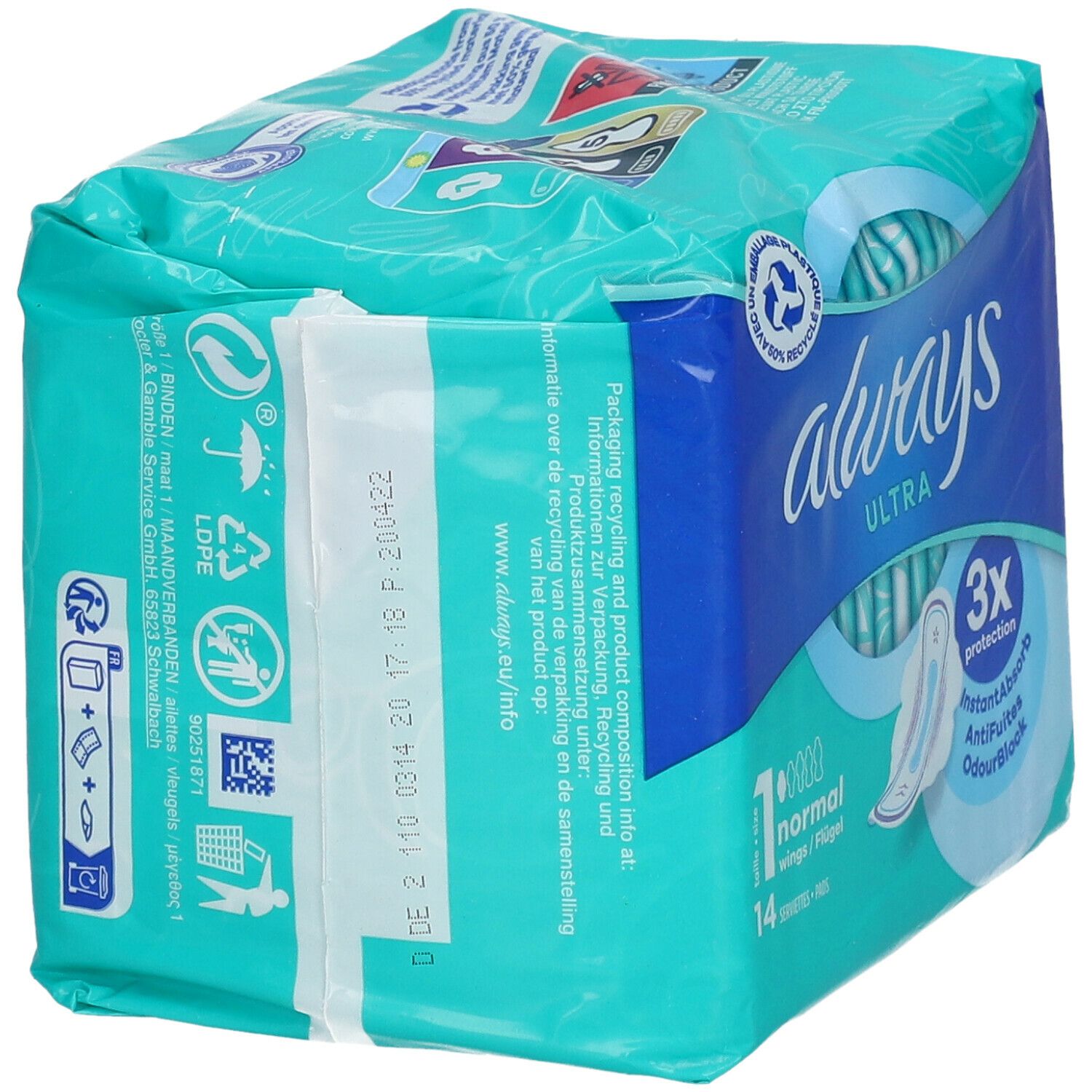 Always Ultra Serviettes Normal Taille 1. Paquet de 14 serviettes. Dos de l'emballage avec texte et symbole de recyclage.