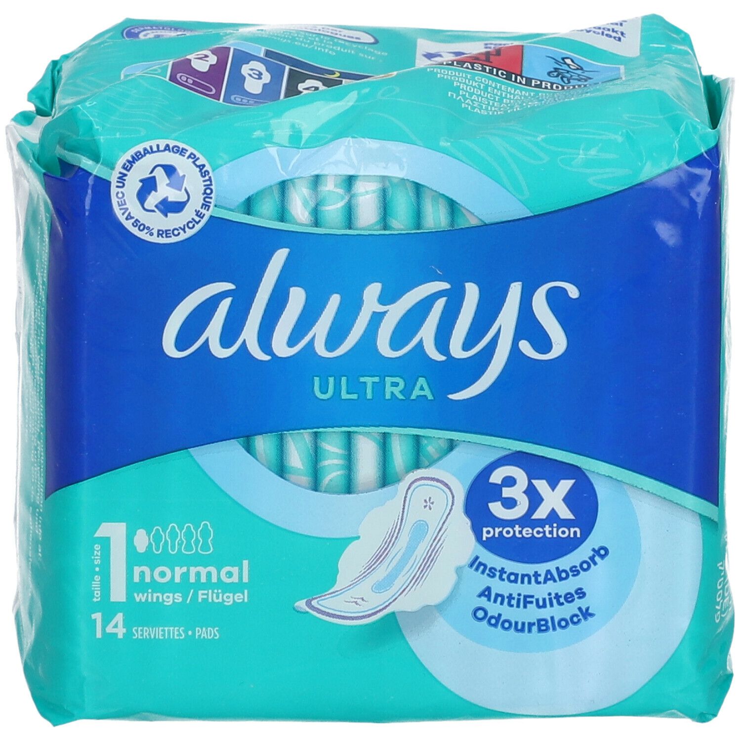 Always Ultra Serviettes Normal Taille 1. Paquet de 14 serviettes. Emballage bleu et blanc avec illustration du produit.