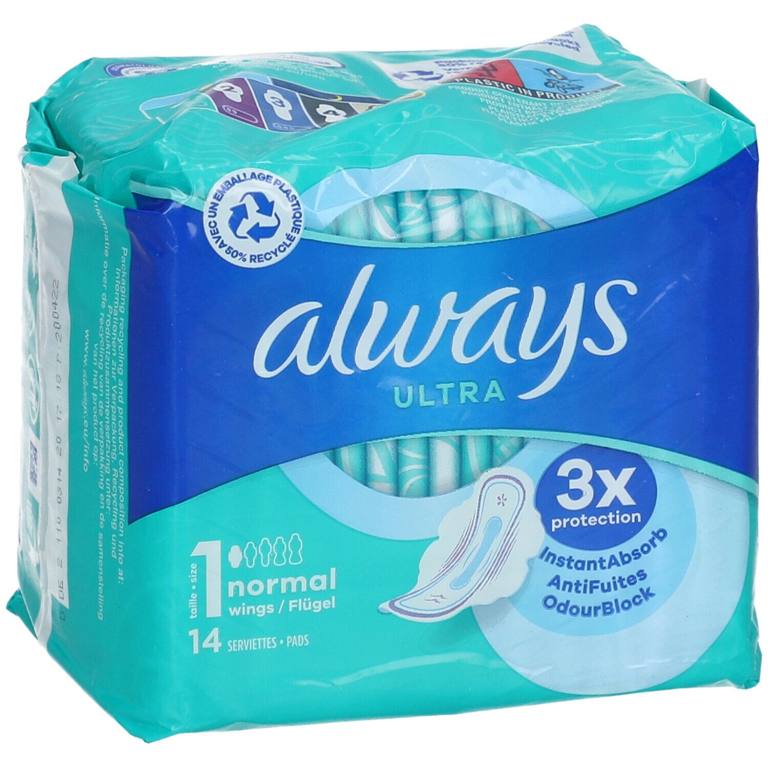 Always Ultra Serviettes Normal Taille 1. Paquet de 14 serviettes. Emballage bleu et blanc avec illustration du produit.