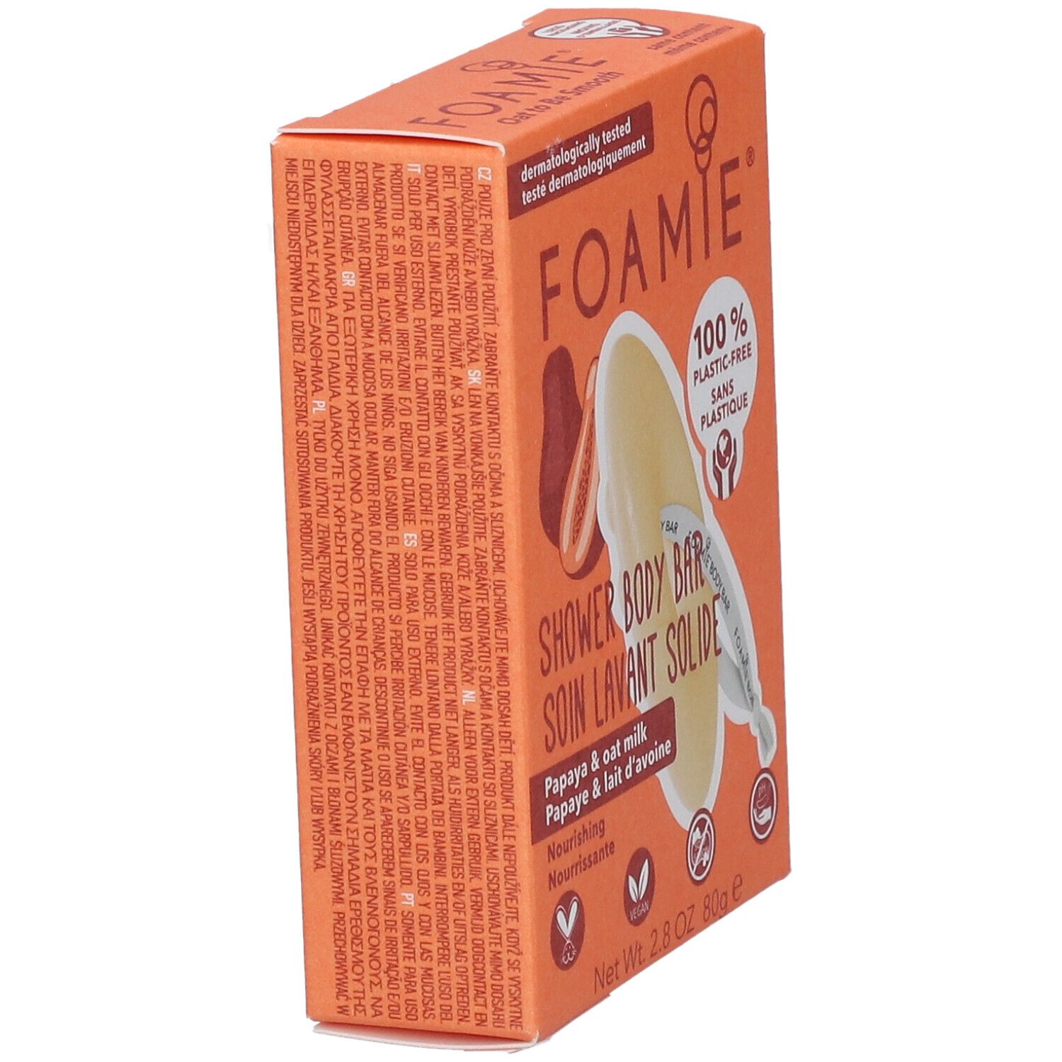 Boîte orange avec informations produit. Logo "FOAMIE", nom du produit, ingrédients et certifications.