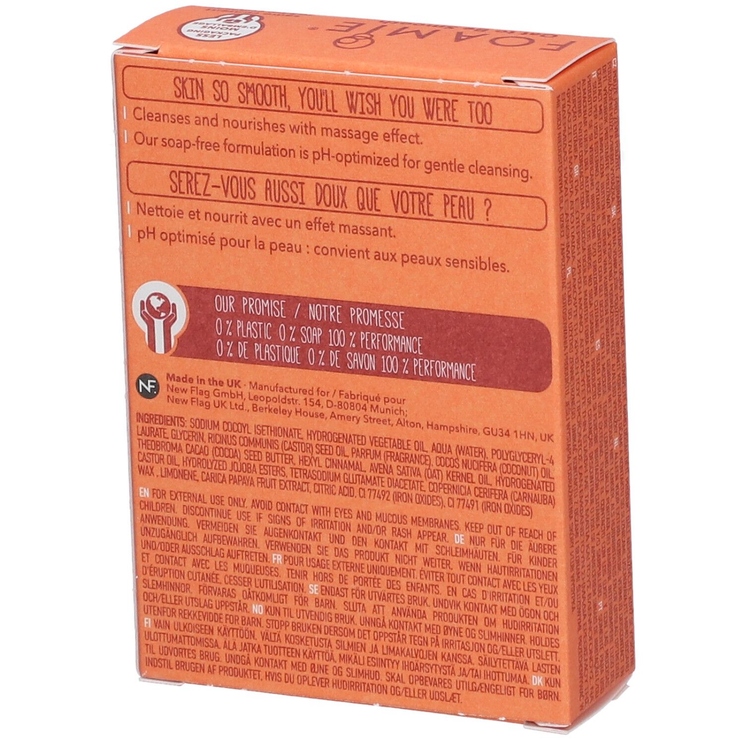 Dos de la boîte. Texte sur le nettoyage doux et le pH. Ingrédients et informations fabricant.