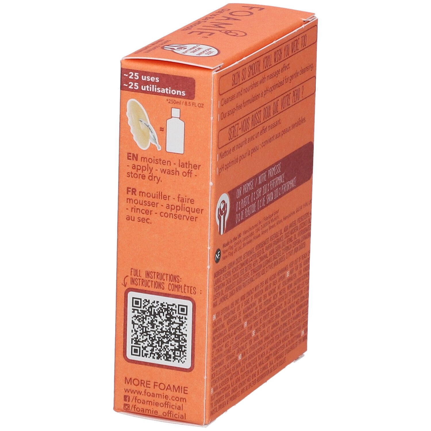 Vue latérale de la boîte. Informations d'utilisation, code QR et coordonnées.