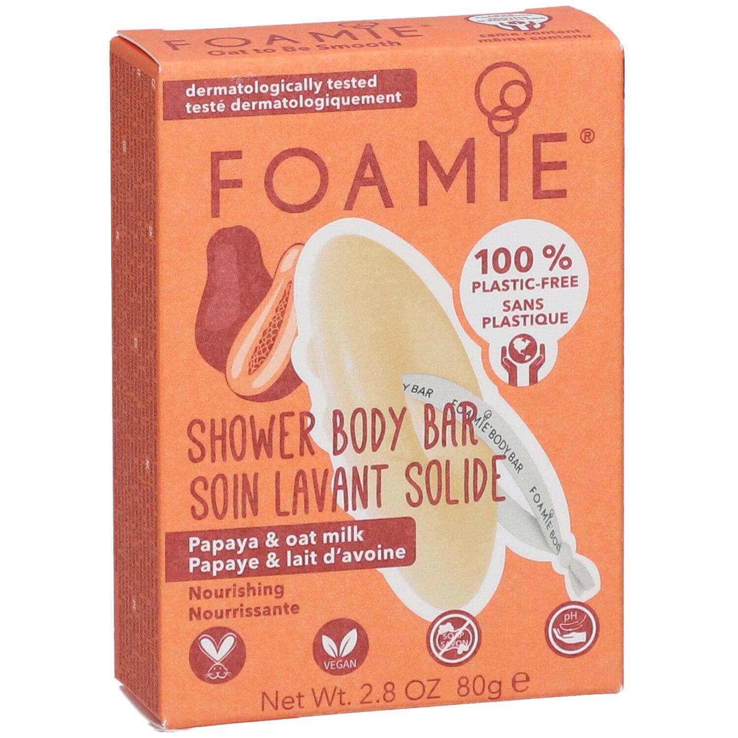 Boîte orange avec image du produit. Logo "FOAMIE", nom du produit, ingrédients et certifications.
