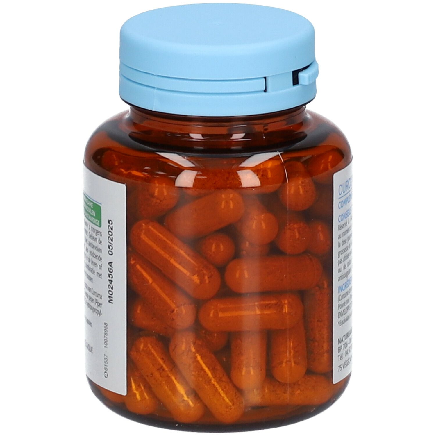 Flacon brun avec bouchon bleu. Rempli de gélules brunes. Étiquette avec informations produit. 75 gélules.