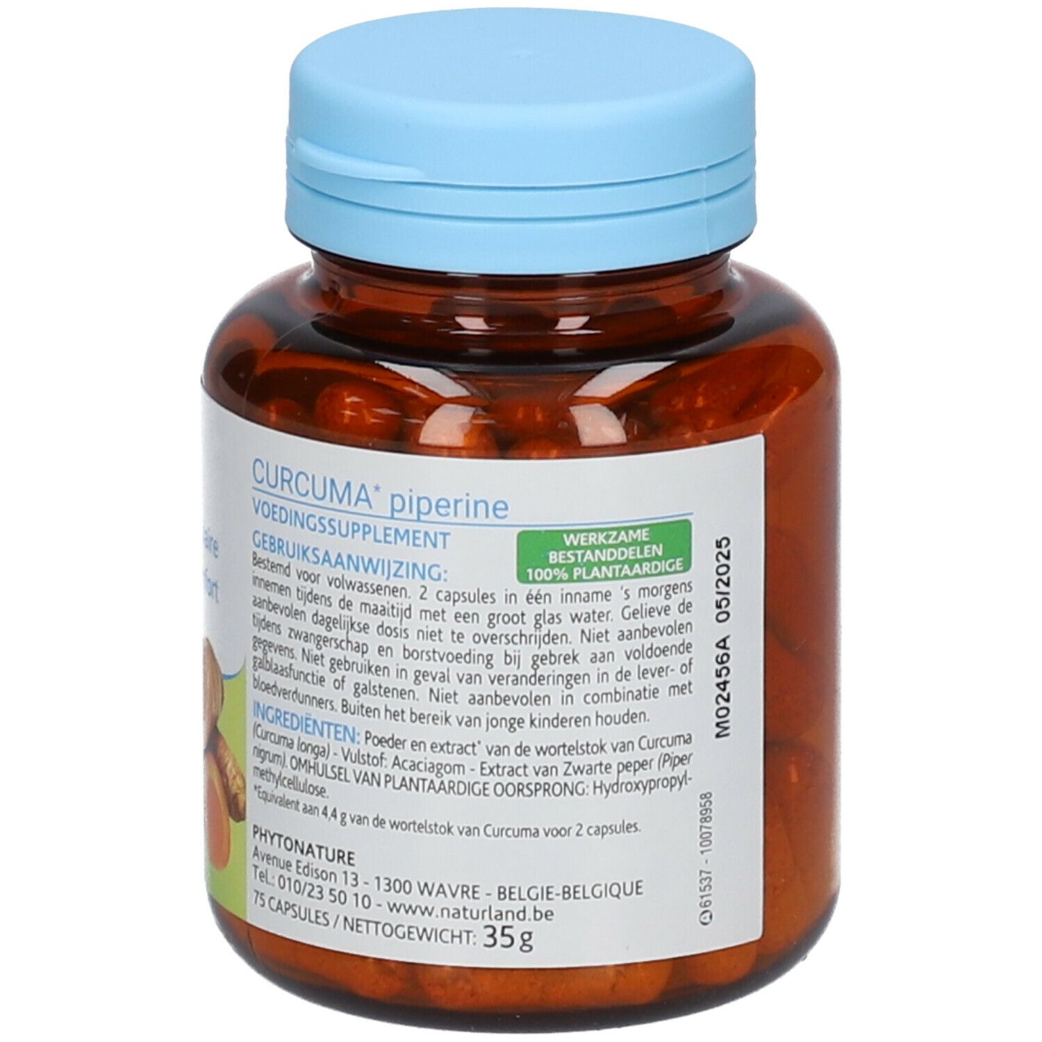 Flacon brun avec bouchon bleu. Étiquette avec informations produit, logo Naturland et ingrédients. 75 gélules.