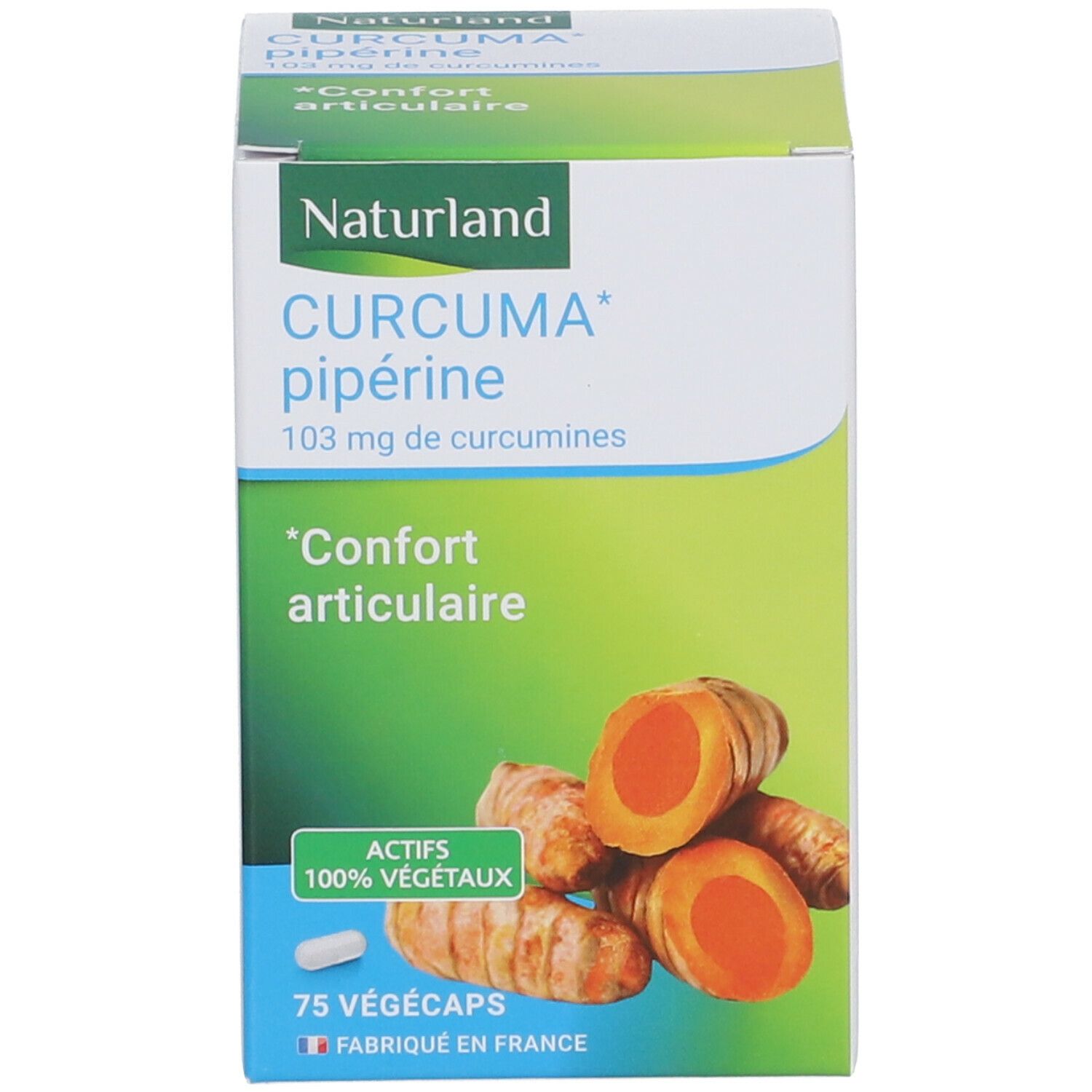 Boîte avec nom du produit, logo et illustration de curcuma. Contient 75 gélules. Fabriqué en France.