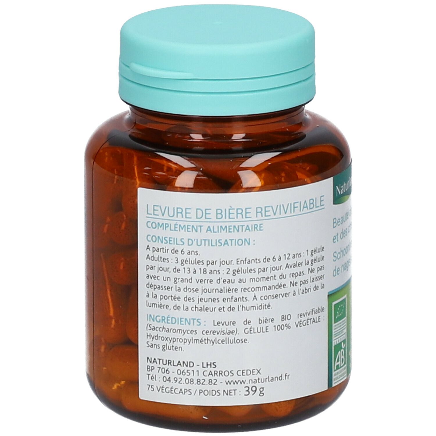 Vue arrière d'un flacon brun avec bouchon vert. Étiquette avec informations produit, ingrédients et posologie.