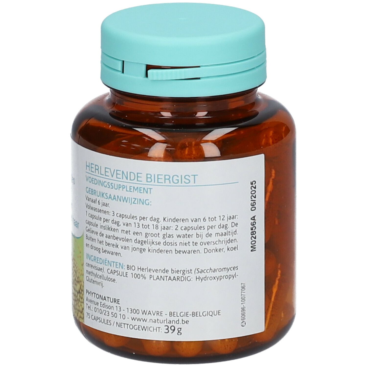 Vue arrière d'un flacon brun avec bouchon vert. Étiquette avec informations produit et posologie.