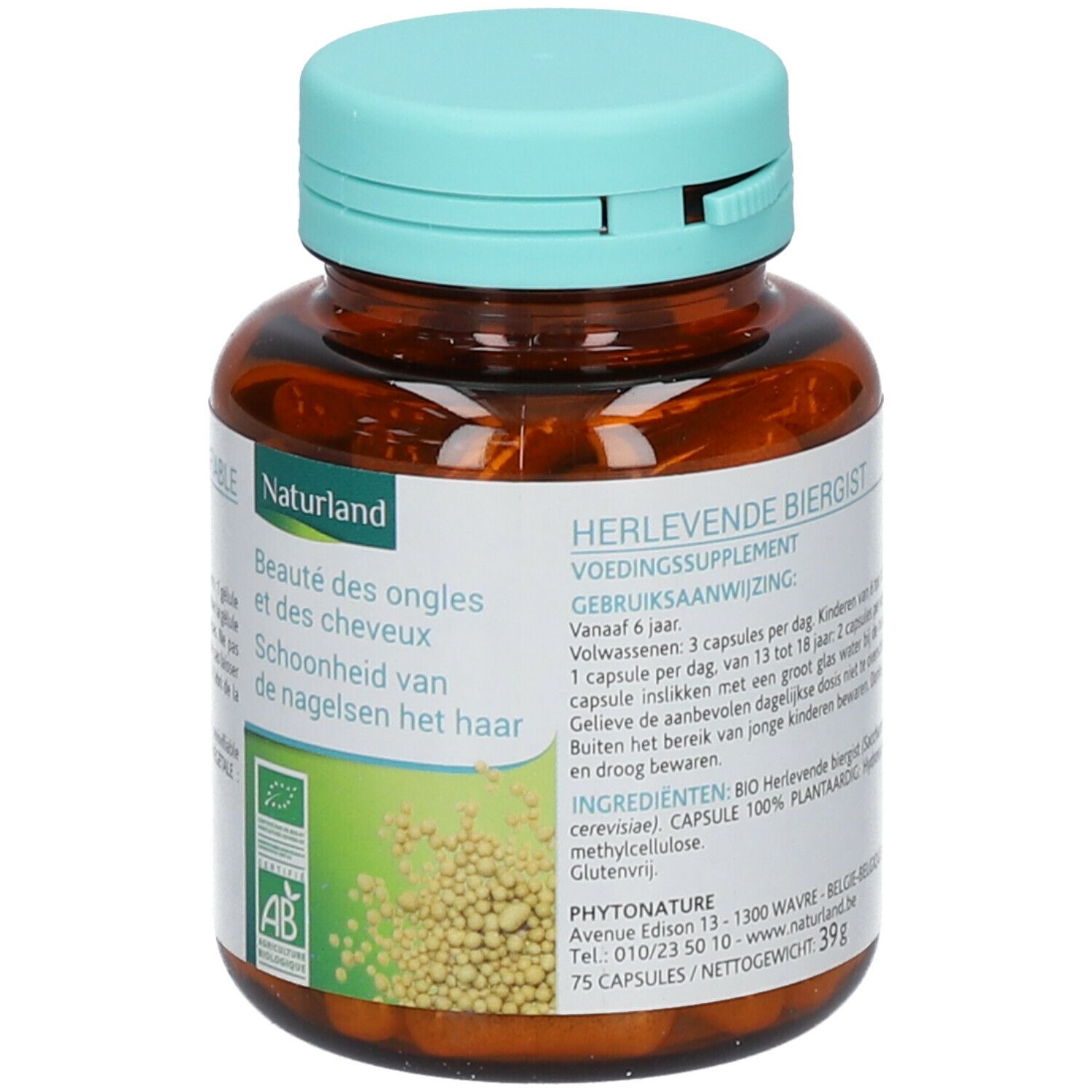 Flacon brun avec bouchon vert. Étiquette avec informations produit, certification AB Bio et gélules.