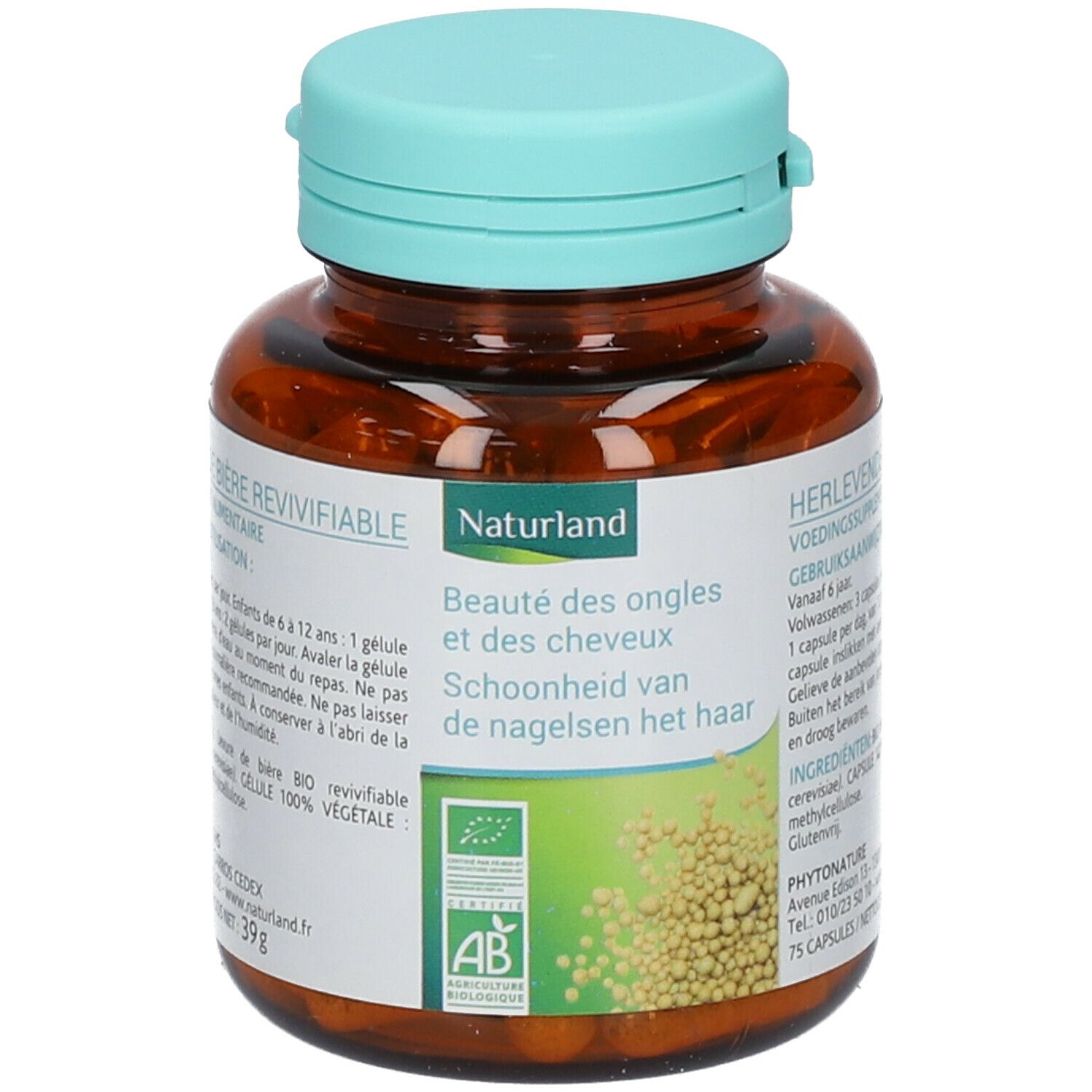 Flacon brun avec bouchon vert. Étiquette avec informations produit, certification AB Bio et gélules.