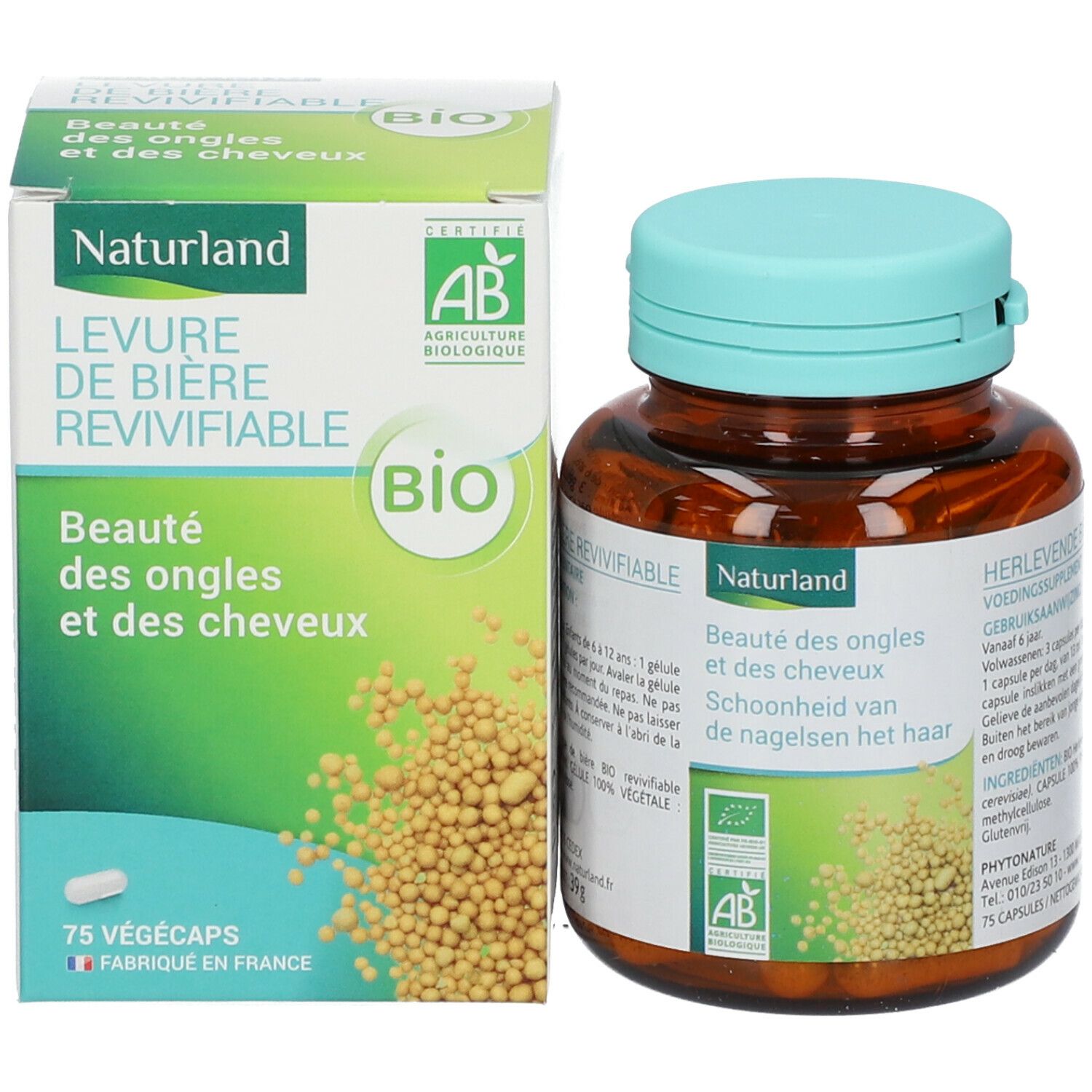 Emballage et flacon. Boîte verte avec nom du produit et certification AB Bio. Flacon brun à côté.