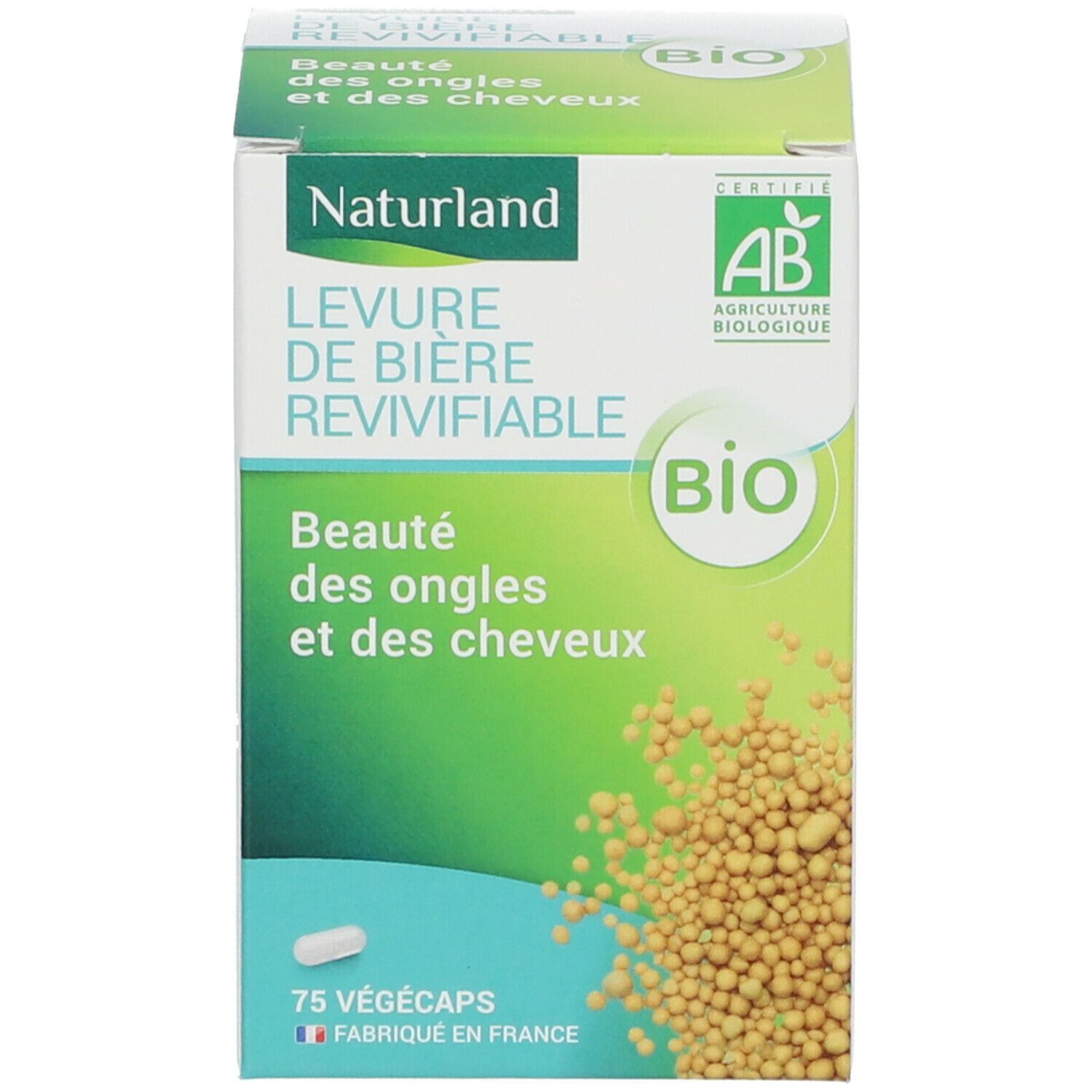 Boîte verte avec nom du produit, certification AB Bio et image de gélule. 75 gélules.