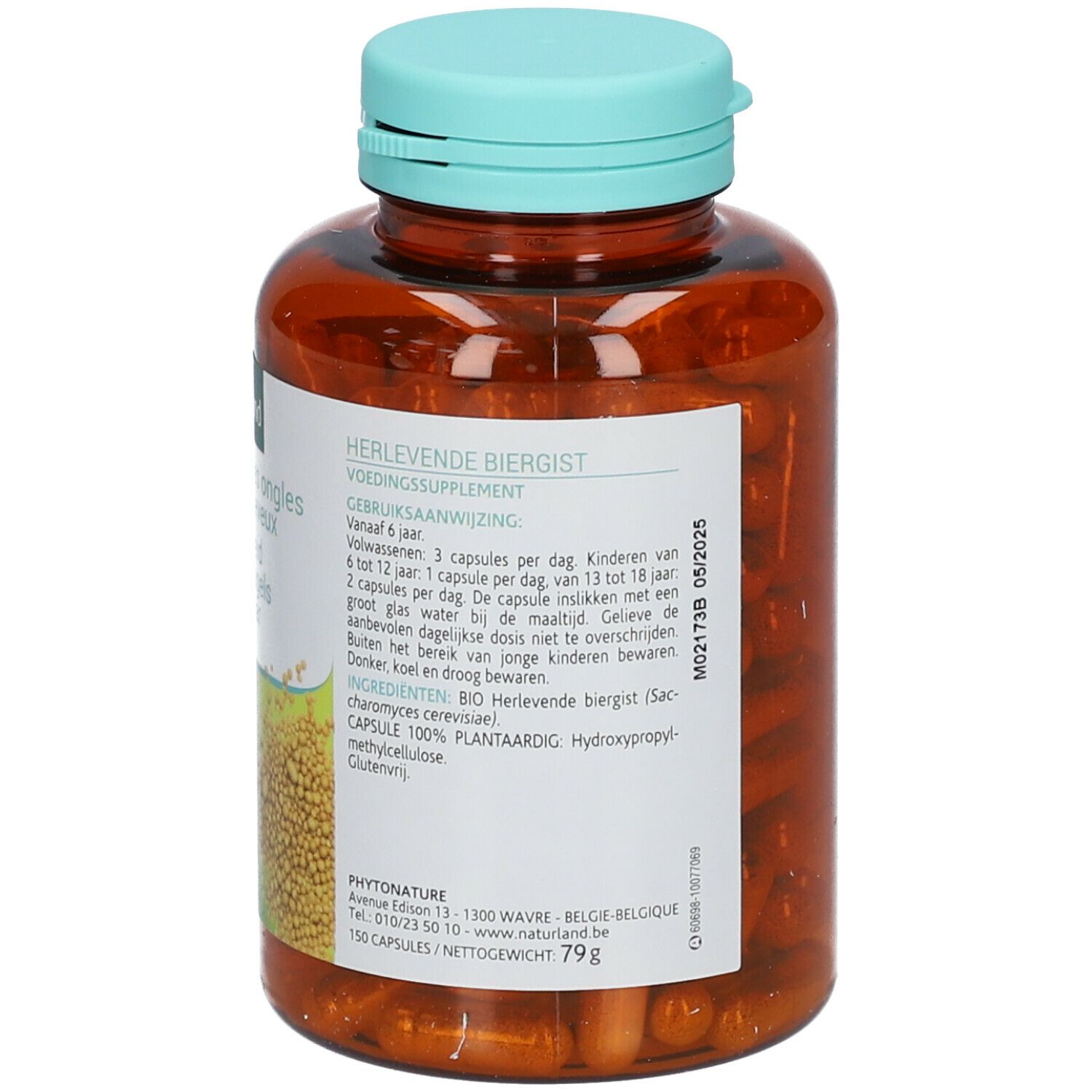 Flacon brun, bouchon vert. Étiquette avec informations produit. Gélules visibles.