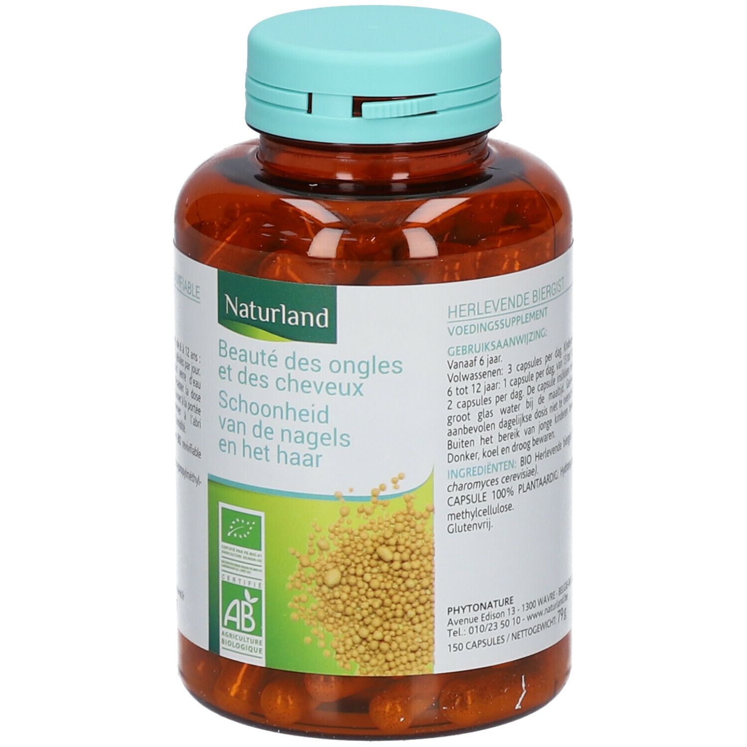 Flacon brun, bouchon vert. Étiquette avec nom du produit et label bio. Gélules visibles.