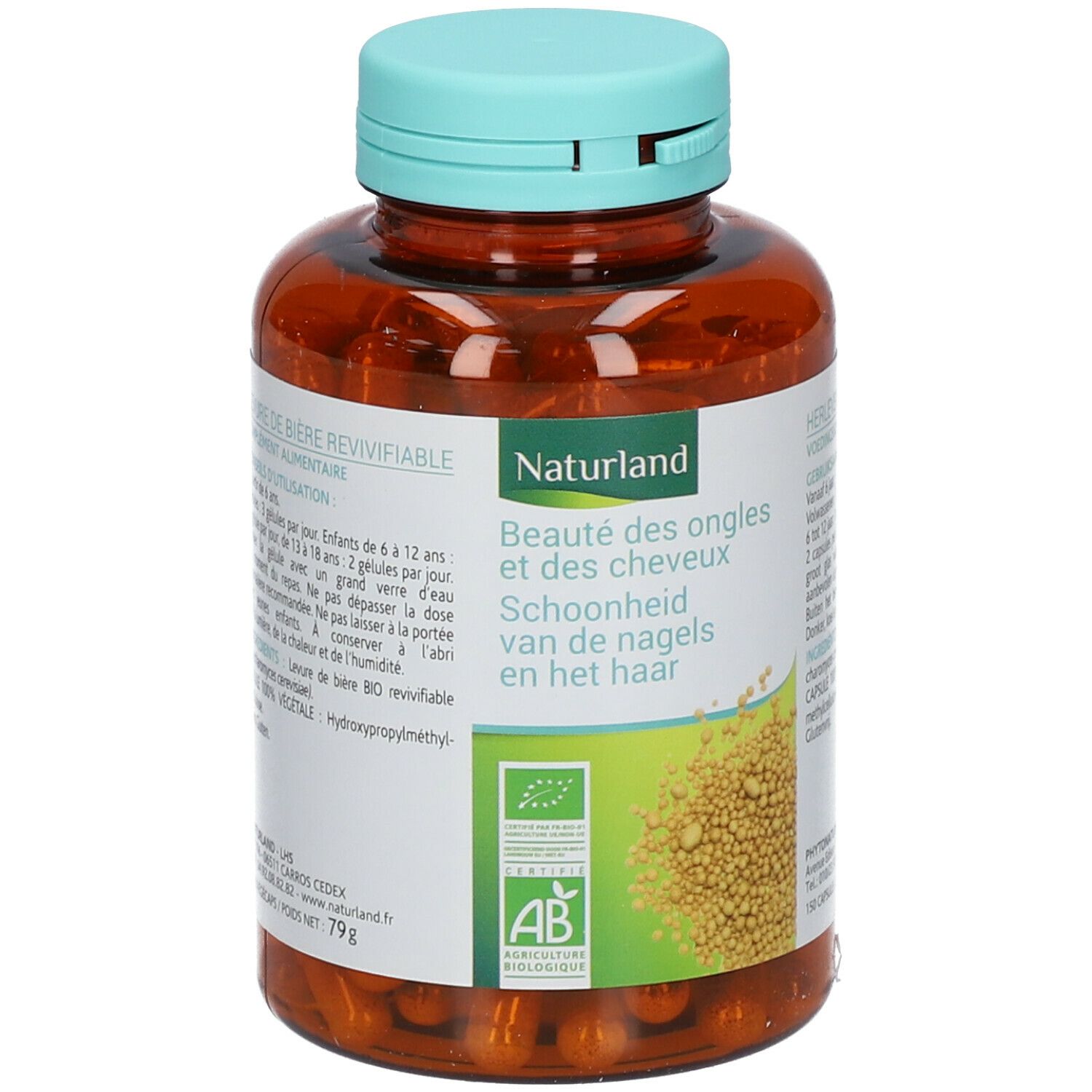 Flacon brun, bouchon vert. Étiquette avec nom du produit et label bio. Gélules visibles.