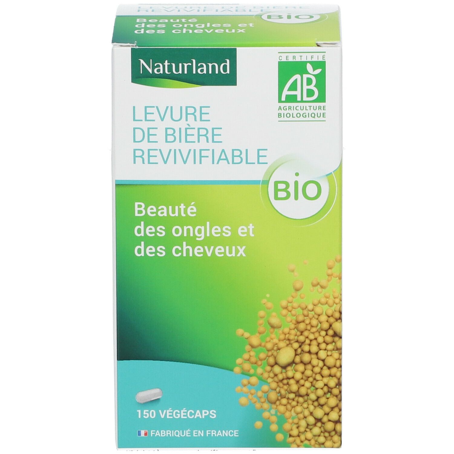 Emballage vert avec texte blanc. Label bio. Une gélule à côté.
