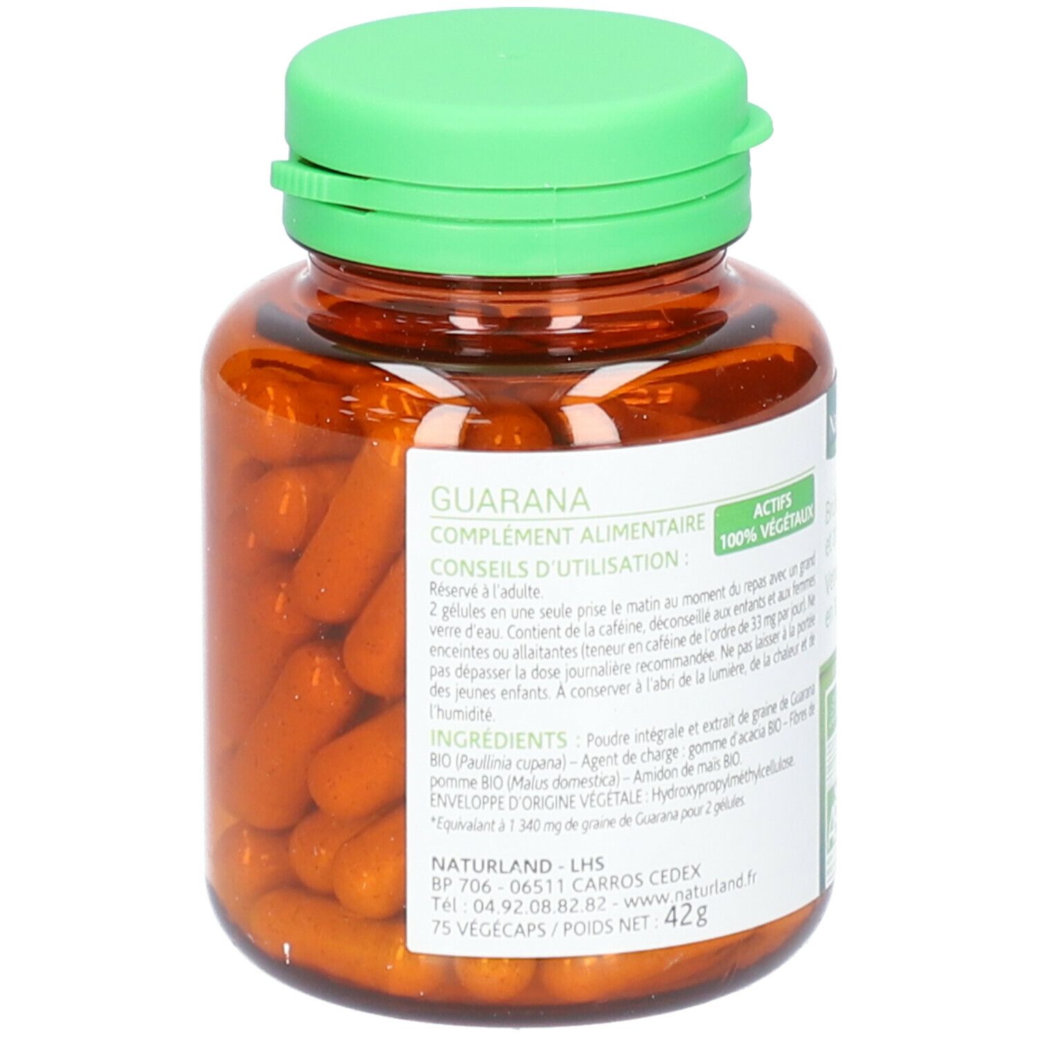 Flacon marron, bouchon vert, contenant des gélules. Inscription: Guarana, complément alimentaire. 75 Vegécaps. 42g.