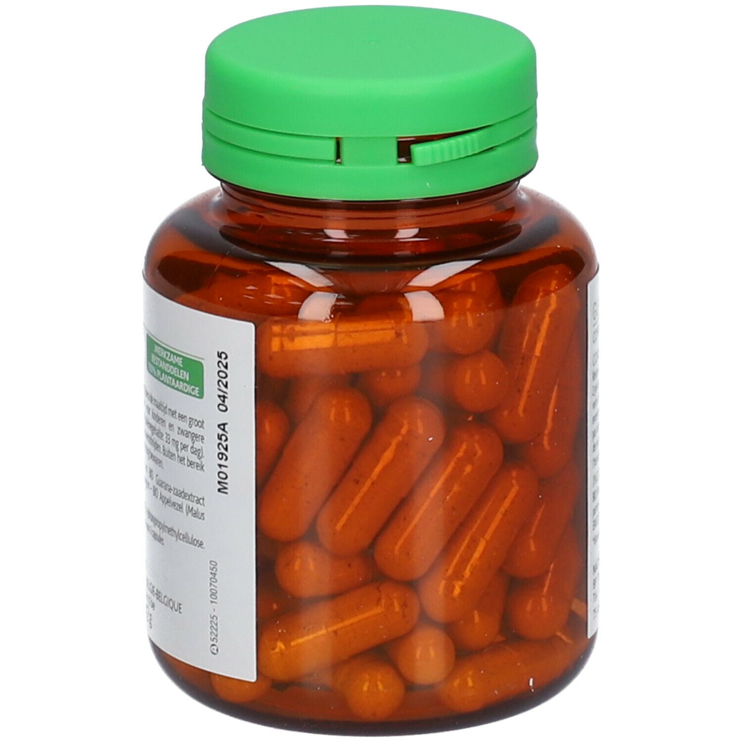 Flacon marron, bouchon vert, contenant des gélules. Inscription: Guarana. Date de péremption 04/2025. 75 Vegécaps.