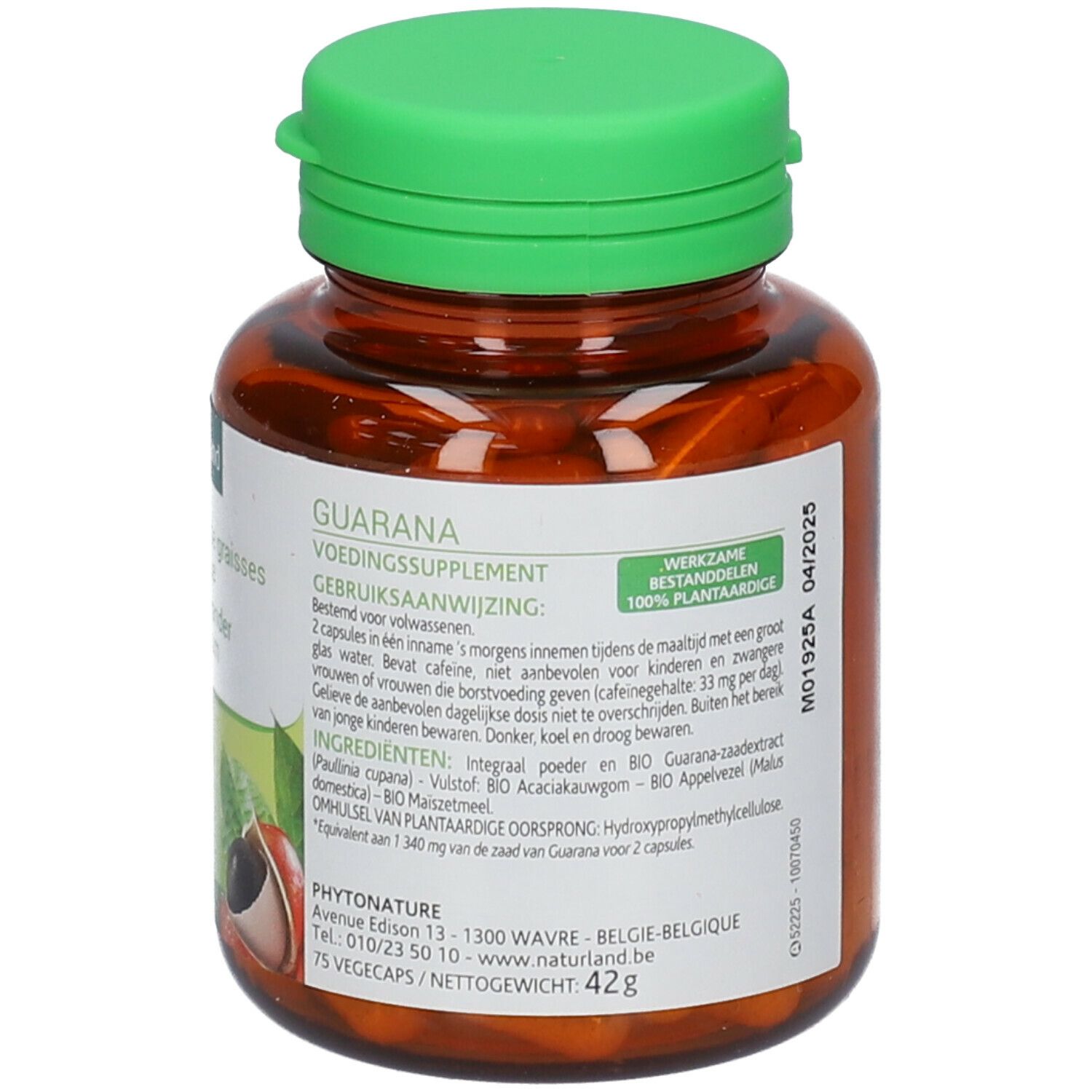 Flacon marron, bouchon vert, contenant des gélules. Inscription: Guarana, voedingssupplement. 75 Vegécaps. 42g.
