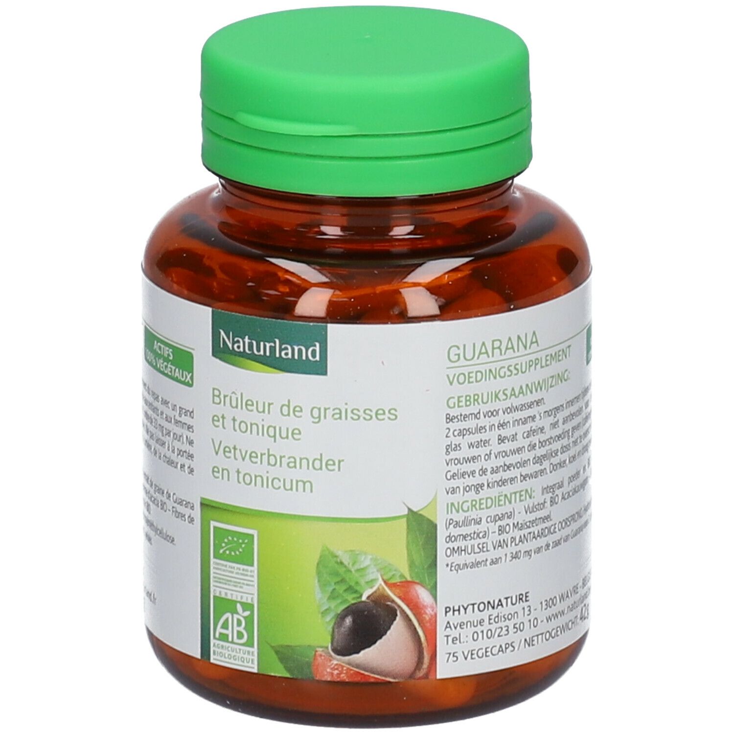 Flacon marron, bouchon vert. Inscription: Naturland, Brûleur de graisses et tonique. Label AB Bio. 75 Vegécaps.