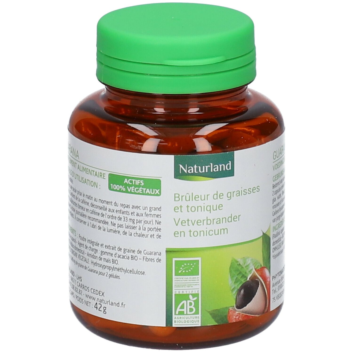 Flacon marron, bouchon vert. Inscription: Naturland, Brûleur de graisses et tonique. Label AB Bio. 75 Vegécaps. 42g.