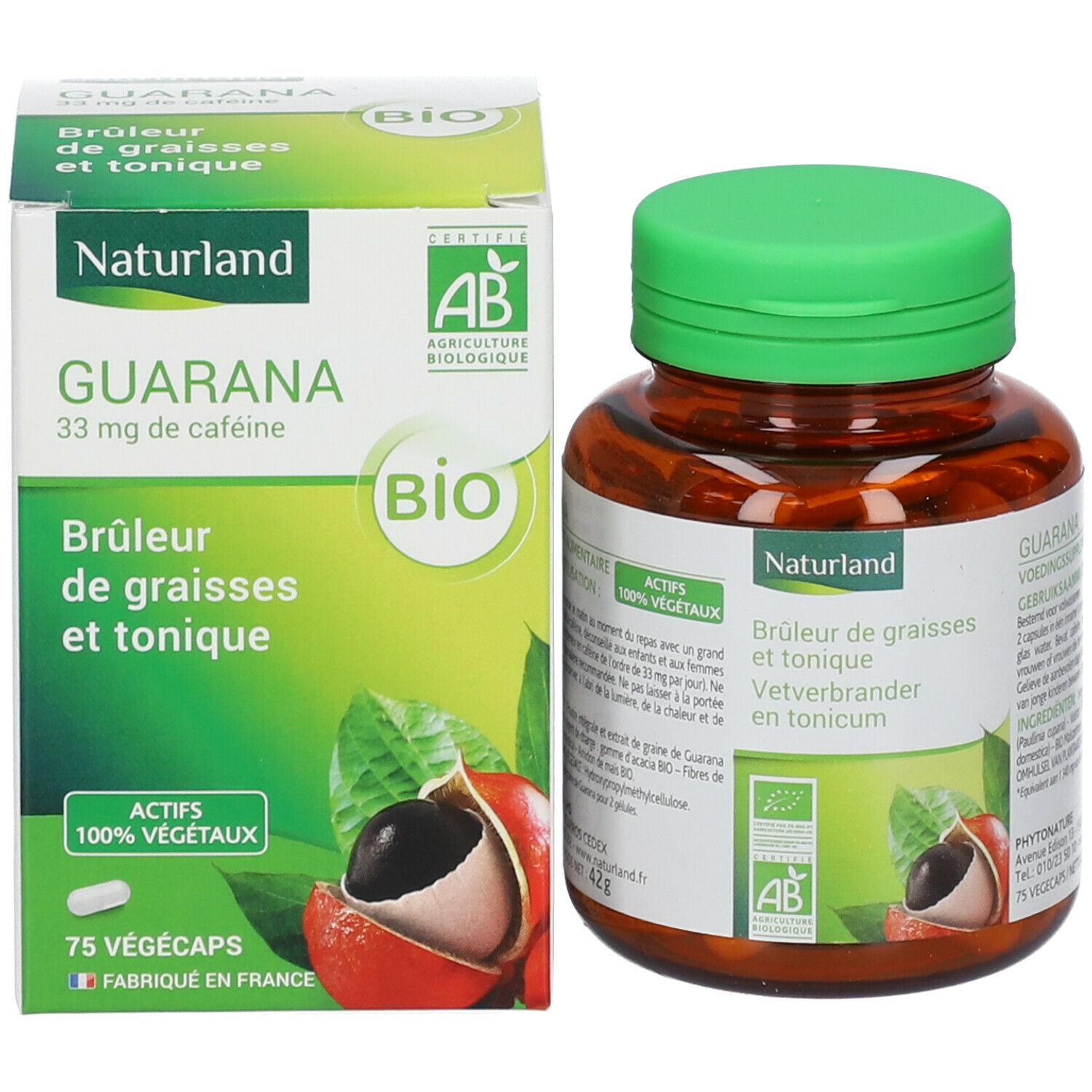 Boîte et flacon. Boîte: Naturland Guarana Bio, label AB Bio. Flacon: 75 Vegécaps.