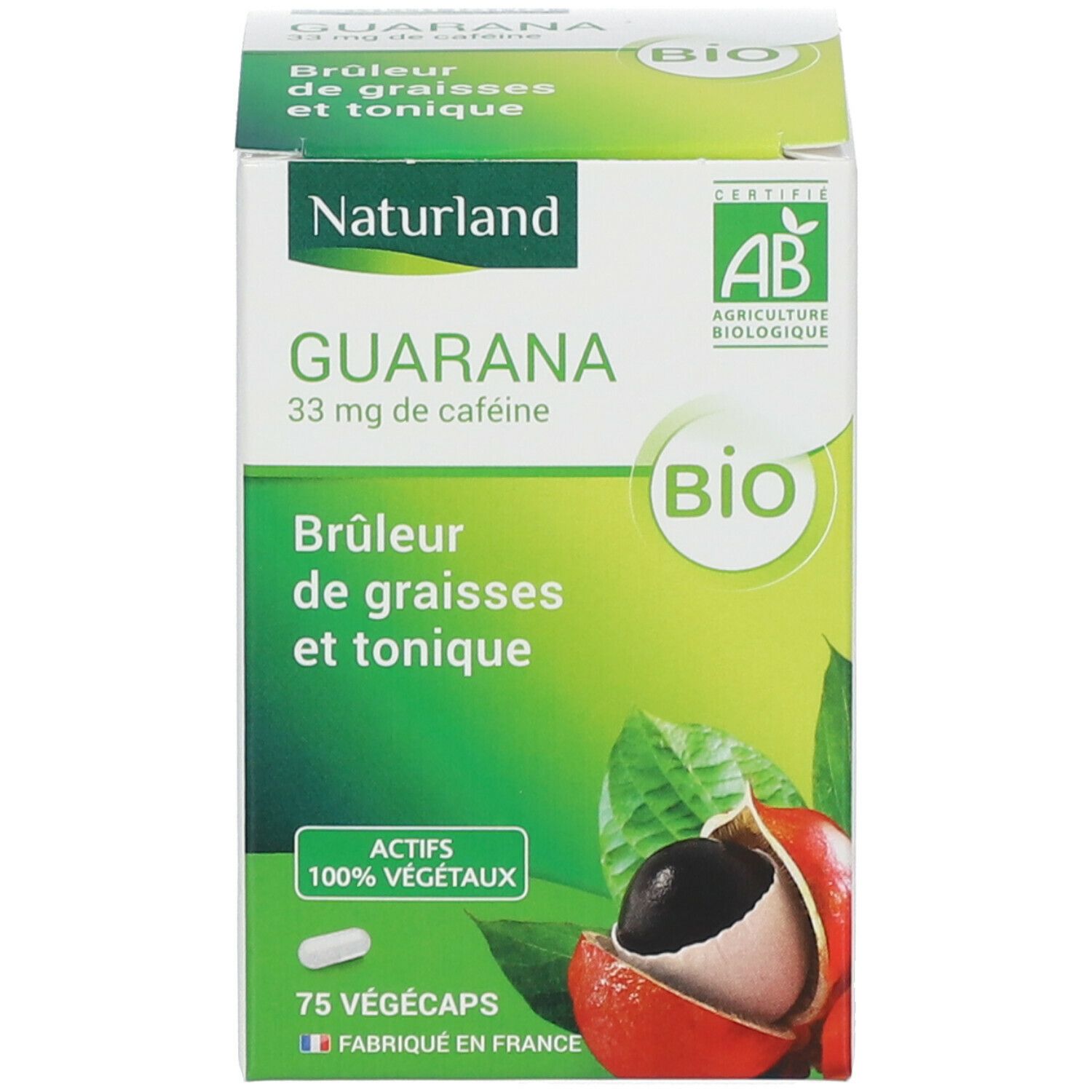 Boîte du produit. Inscription: Naturland Guarana Bio, label AB Bio. 75 Vegécaps. Fabriqué en France.