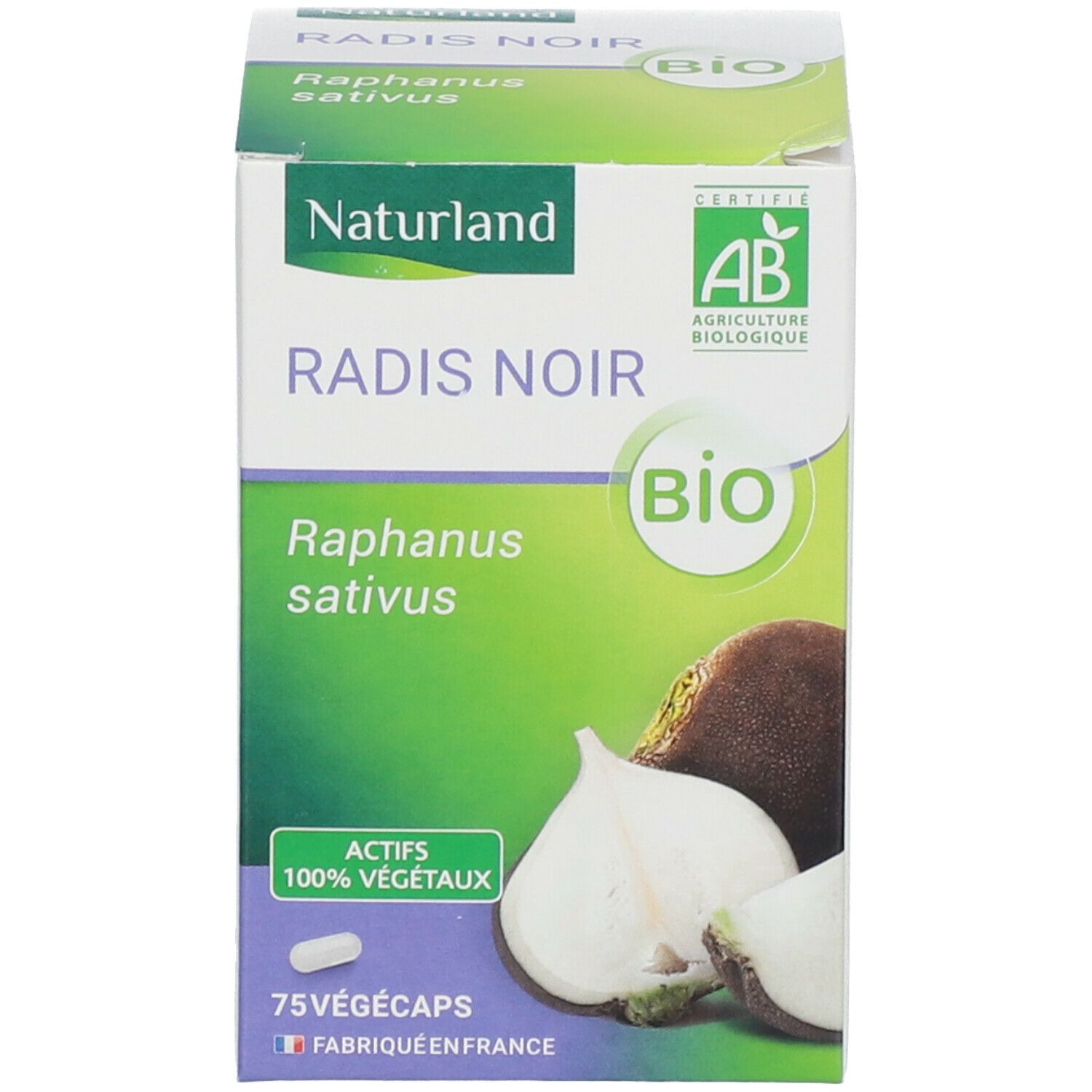 Produktverpackung. Schachtel mit Produktnamen, Logo und Abbildung von Rettich. Enthält 75 Kapseln.