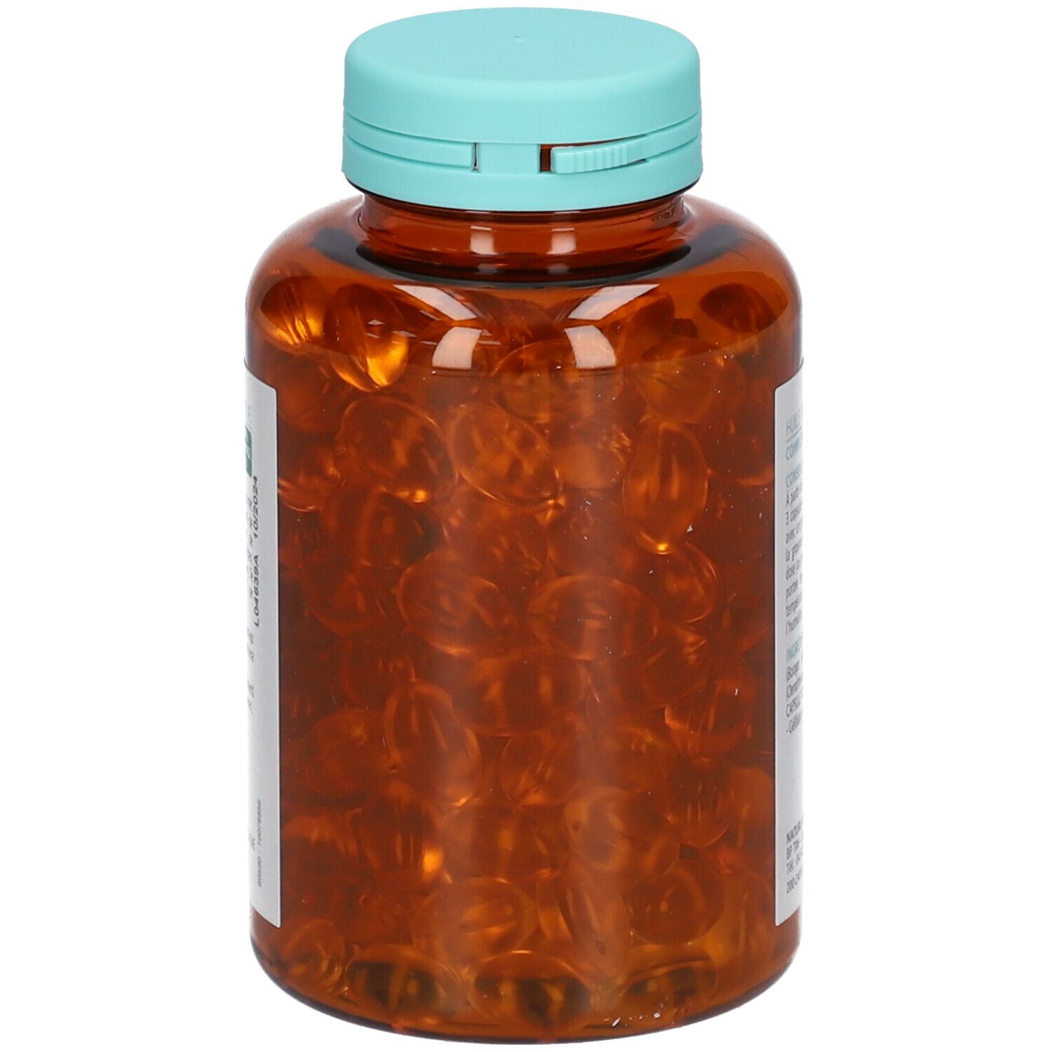 Flacon brun avec capsules. Inscription : Naturland. Capsules. Flacon avec bouchon bleu.