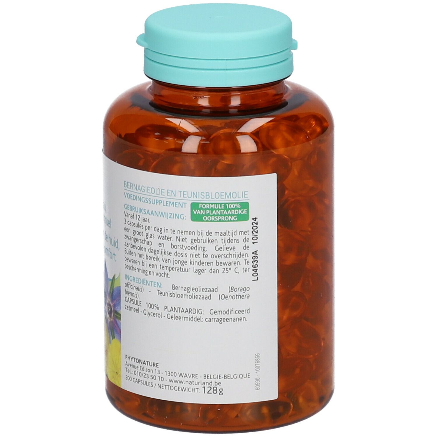 Flacon brun avec capsules. Inscription : Bernagieolie en teunisbloem. Flacon avec bouchon bleu. 200 capsules.
